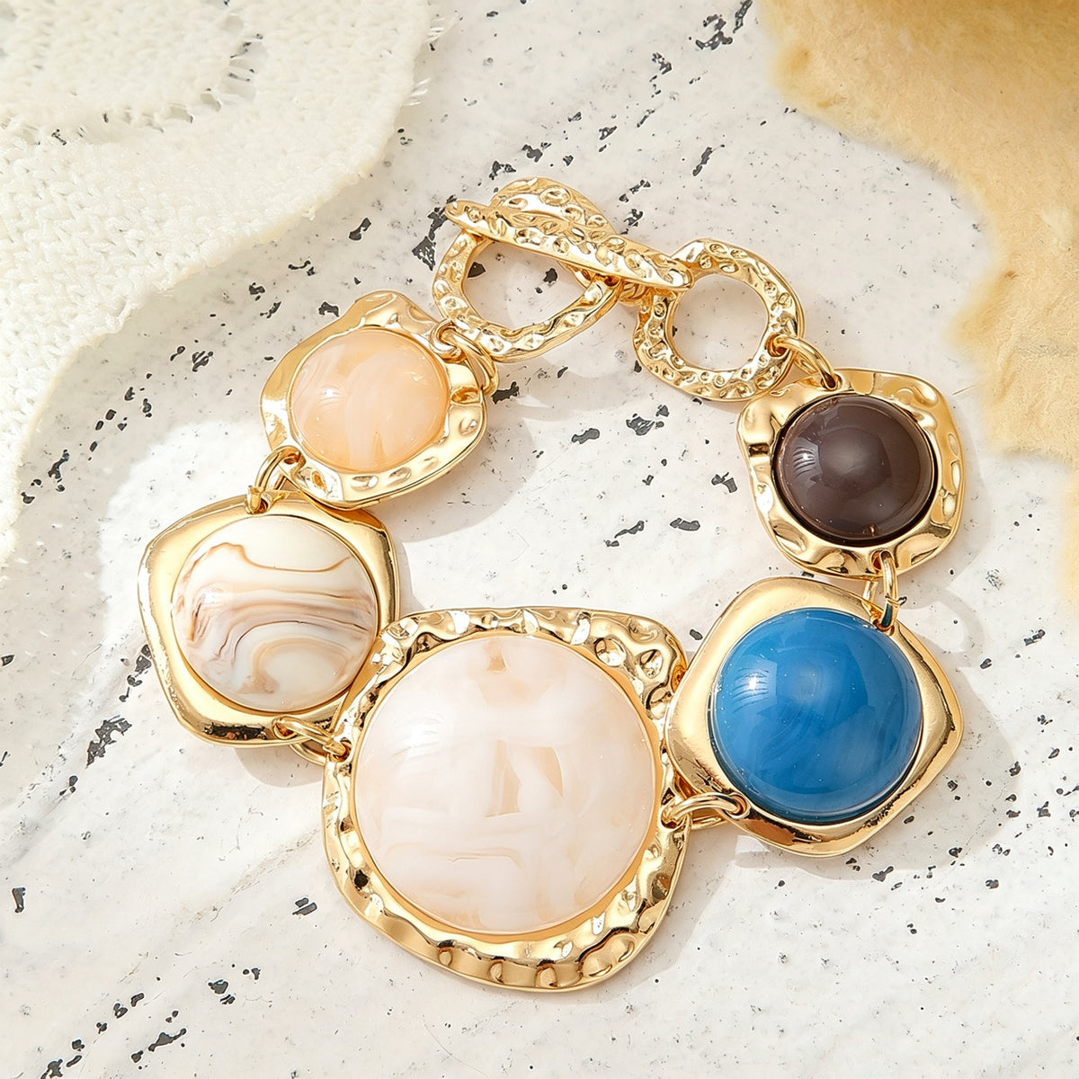 PNY Vintage Geometric Resin Necklace Bracelet Set, Retro Irregular Color Block Chunky Jewelry for Women
