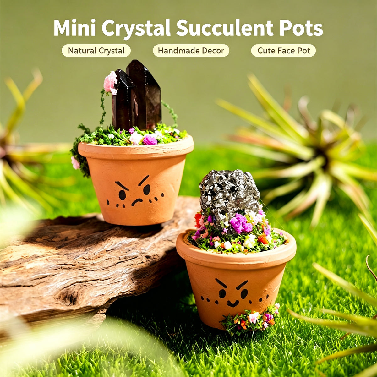 RYS Natural Crystal Raw Ore Ceramic Pot Bonsai, Gemstone DIY Potted Ornament, Home Desktop & Car Decor