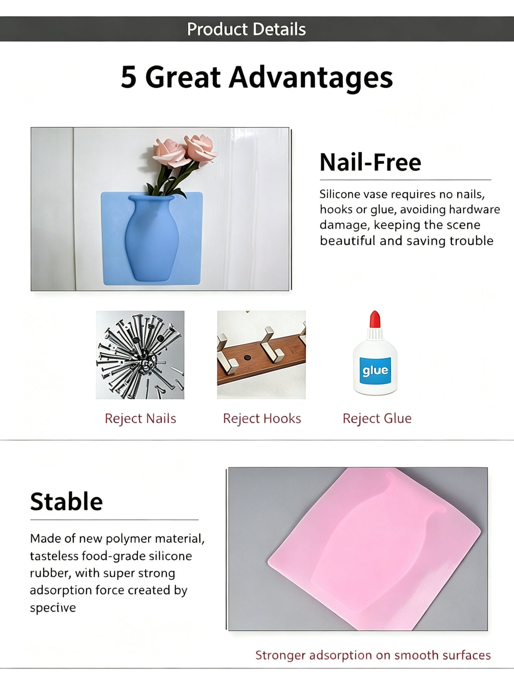 WEY Wiederverwendbare Silikon-Wandvase (2er-Pack) – ohne Bohren, wasserdicht, selbstklebender Blumentopf für Heim- und Badezimmerdekoration
