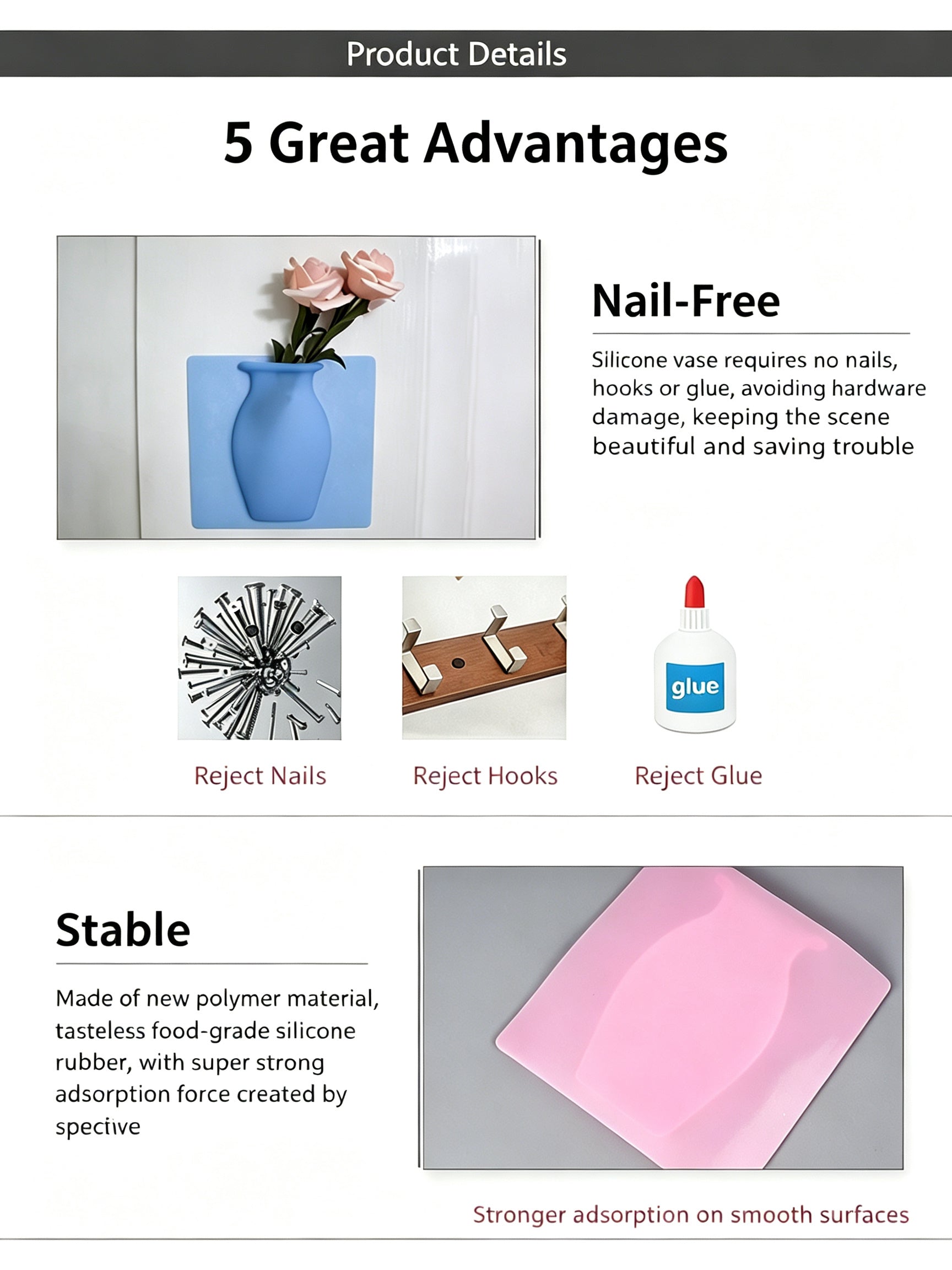 WEY Wiederverwendbare Silikon-Wandvase (2er-Pack) – ohne Bohren, wasserdicht, selbstklebender Blumentopf für Heim- und Badezimmerdekoration