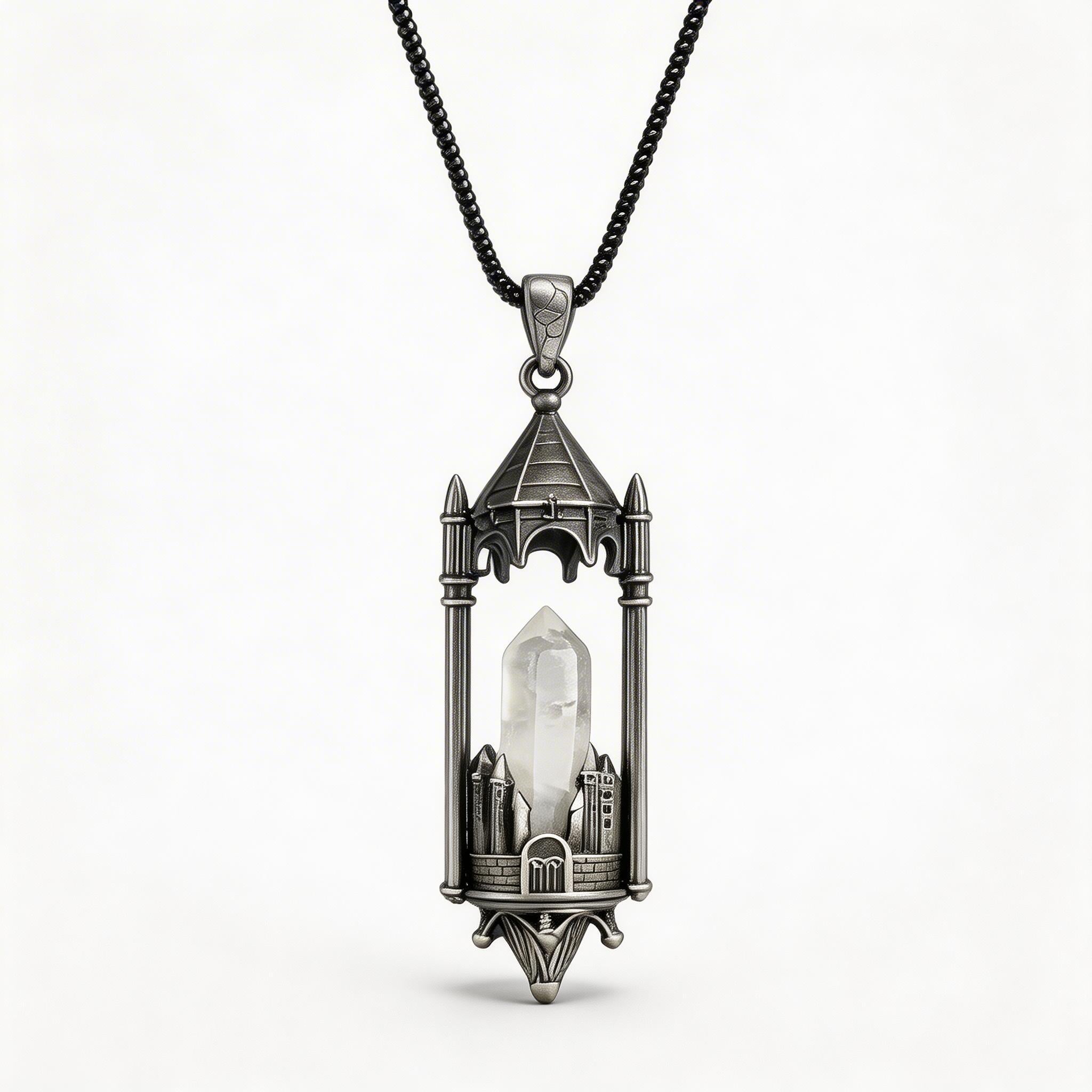 RYS Fantasy Castle Natural Crystal Point Pendant | Multi-Metal (Titanium/Silver/Gold) Options, Includes Chain