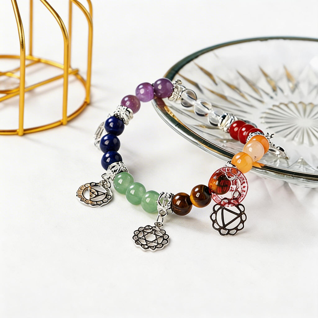 RYS Natural 7 Chakra Crystal Bracelet 8mm Silver-Plated Symbol Beaded Bracelet