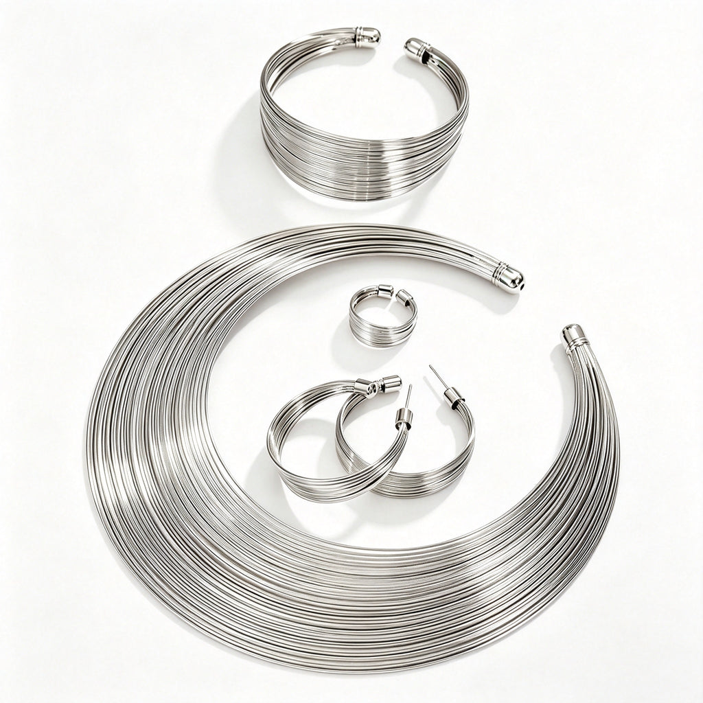 PNY Multi Layer Geometric Metal Jewelry Set Open Torque Choker Necklace Bracelet Hoop Earrings Statement Party Jewelry