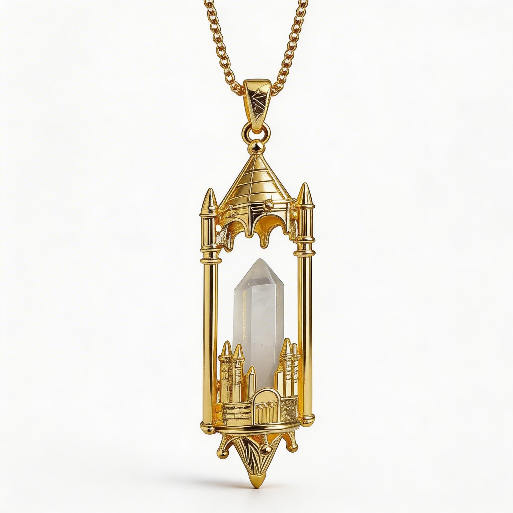 RYS Fantasy Castle Natural Crystal Point Pendant | Multi-Metal (Titanium/Silver/Gold) Options, Includes Chain