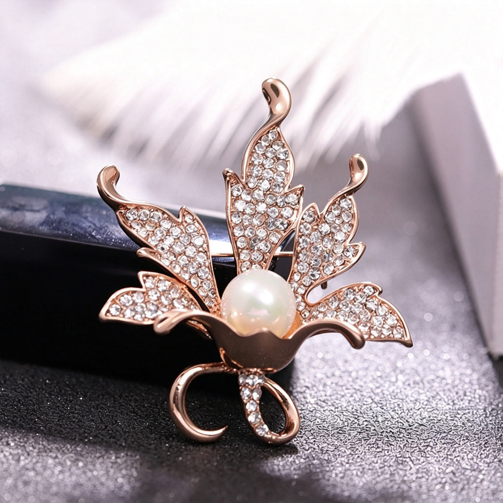 QZY Minimalist Maple Leaf Pearl Rhinestone Brooch, Electroplated Alloy Pin for Women Daily & Winter Outfits