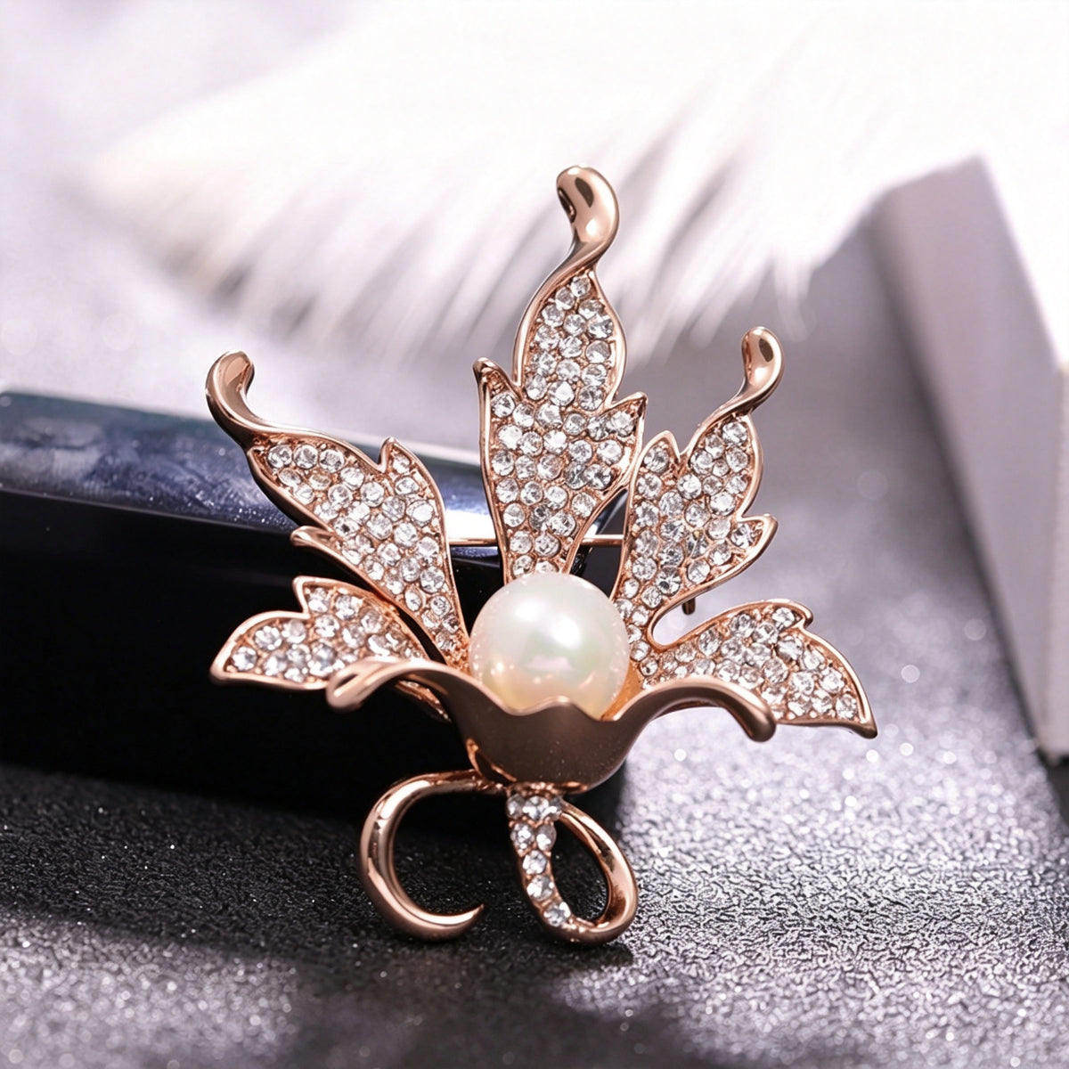 QZY Minimalist Maple Leaf Pearl Rhinestone Brooch, Electroplated Alloy Pin for Women Daily & Winter Outfits