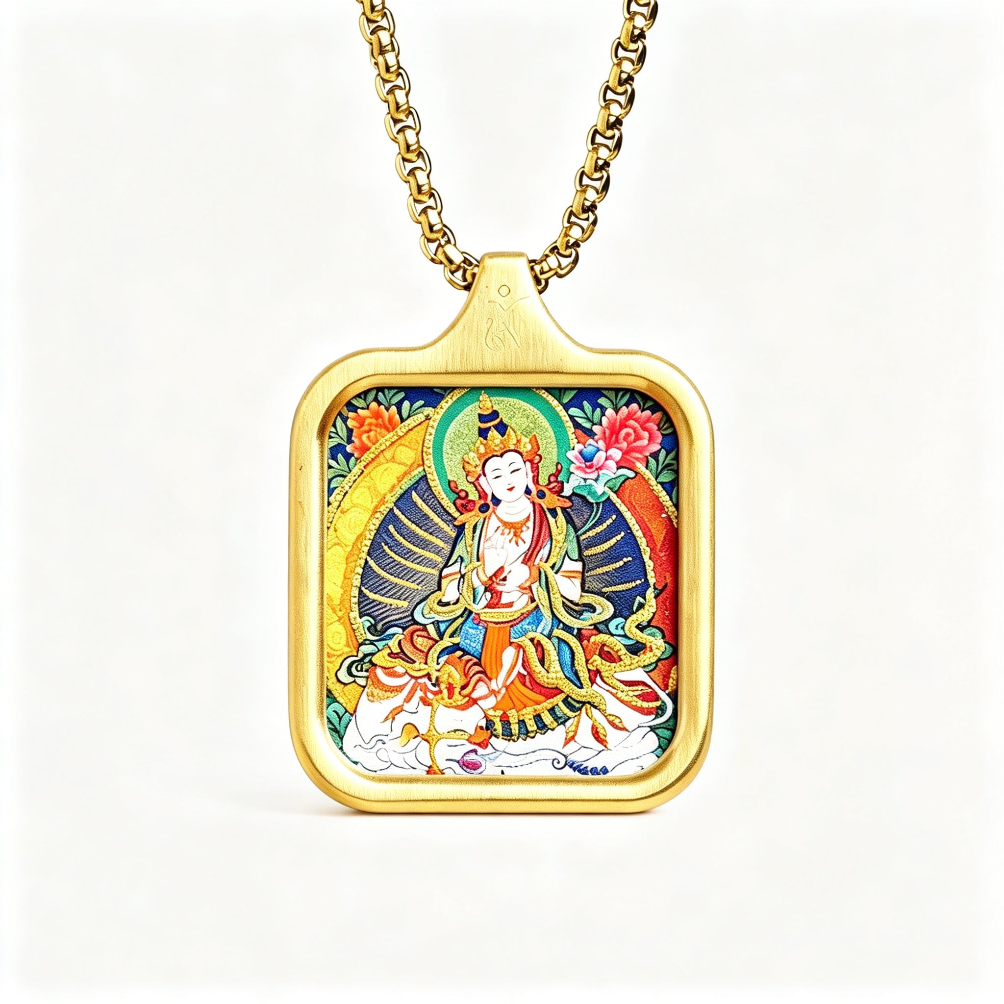 RYS Hand-Painted Thangka Buddha Pendant Necklace | 18K Gold Plated Alloy | Tibetan Patron Saint Amulet for Zodiac Signs | Spiritual Protection Jewelry