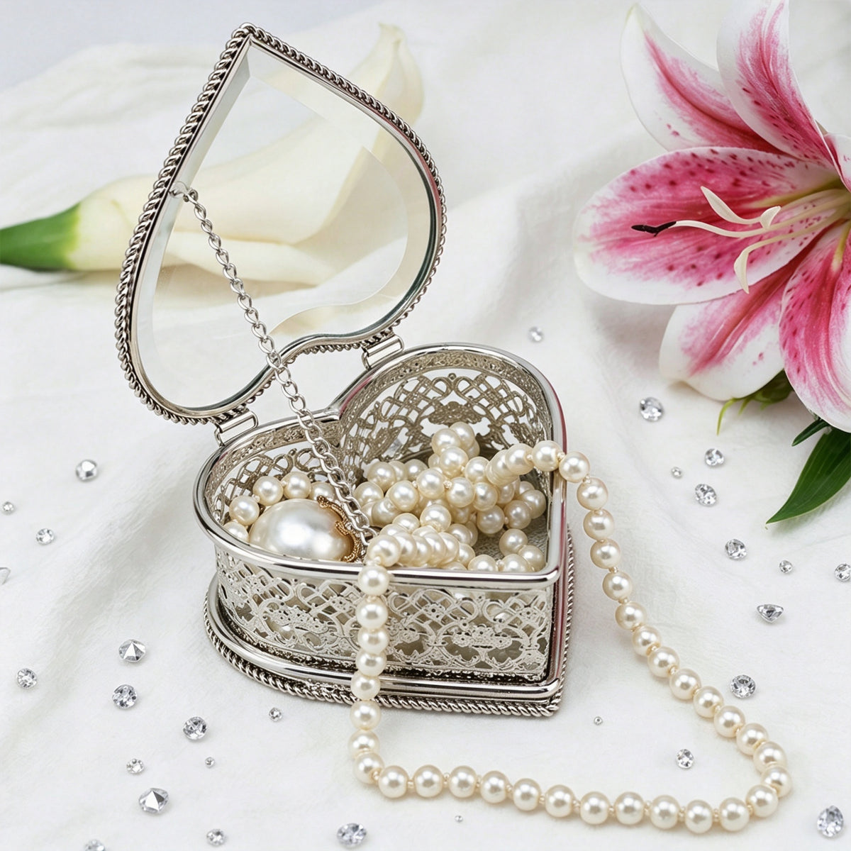 YAP Heart‑Shaped Glass Metal Jewelry Box Ring Earring Storage Decor Gift Box