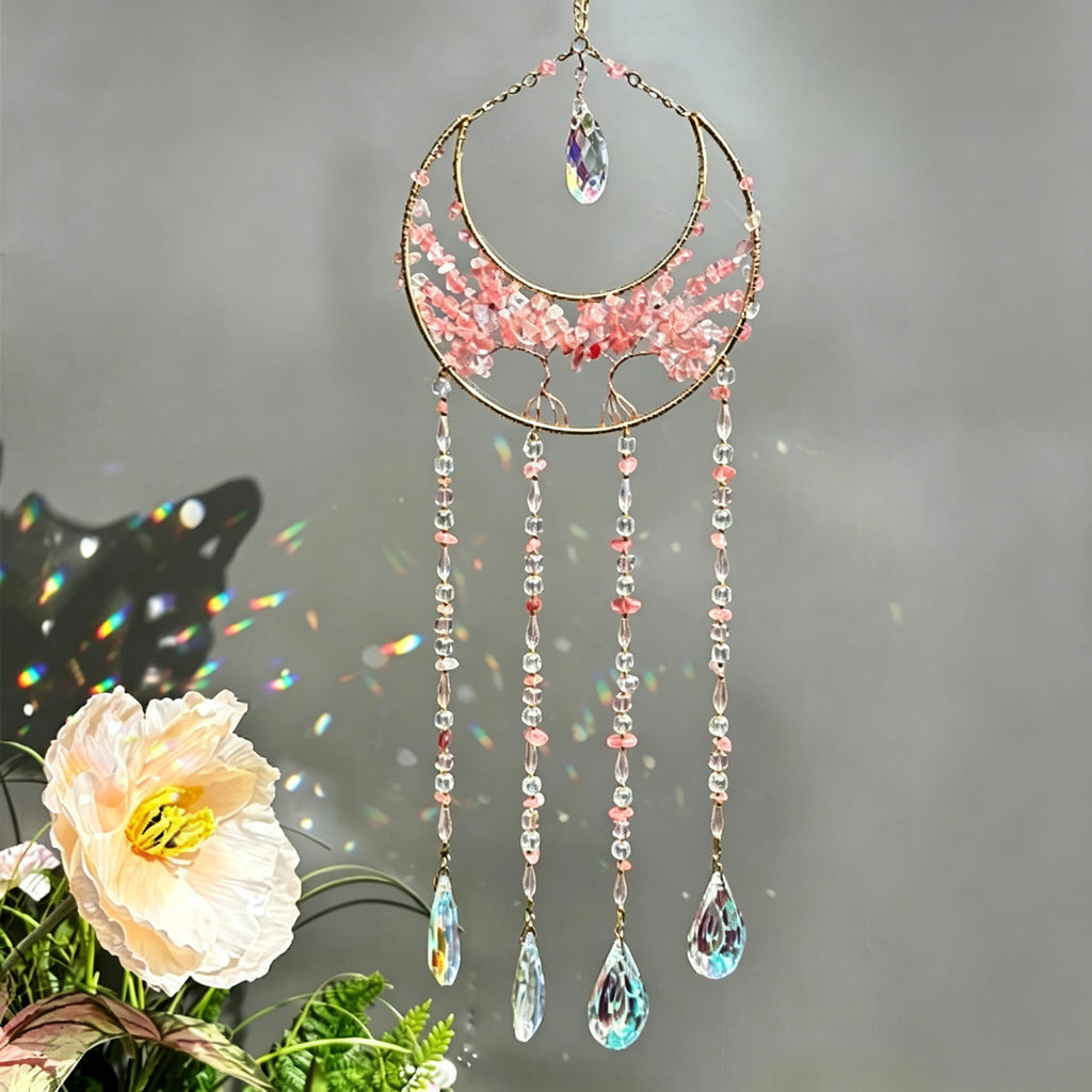 MGY Moon Tree of Life Suncatcher Wind Chime, Pink Natural Crystal Stone Wall Hanging Ornament for Home Bedroom Decor