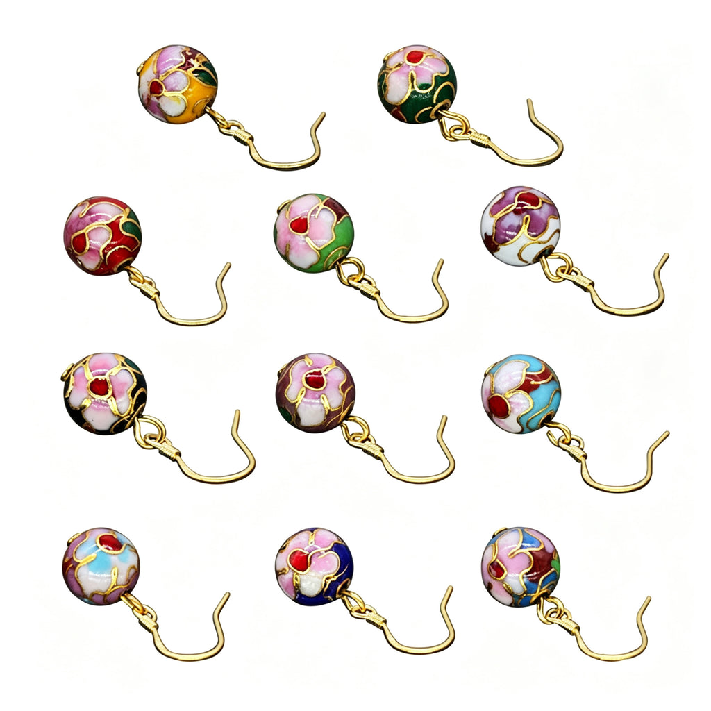 JCJ Handmade Cloisonne Enamel 10mm Round Bead Drop Earrings Traditional Chinese Jewelry