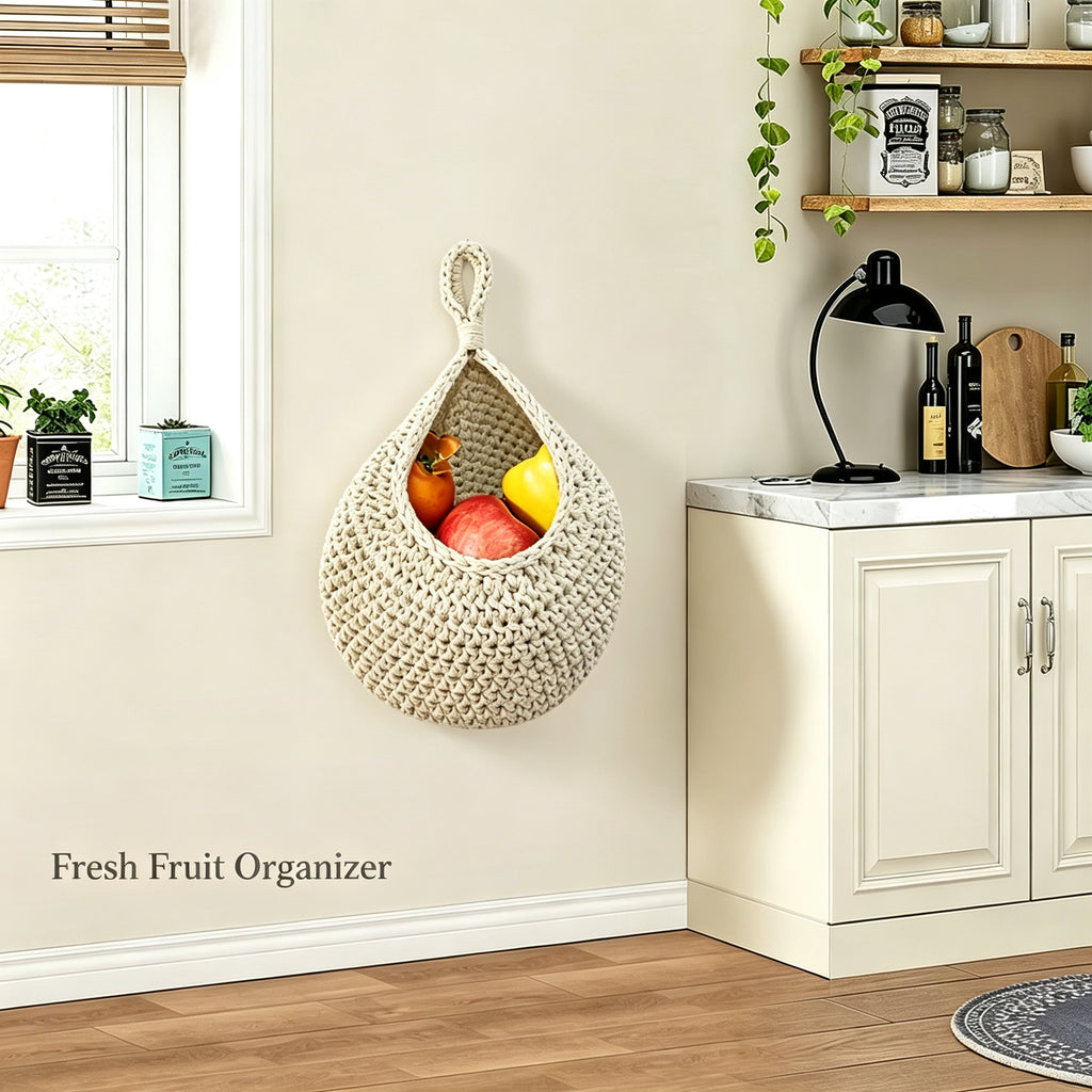 JXG Handwoven Hanging Storage Basket Teardrop Nest Fruit Vegetable Organizer Ins Style Cotton Wall Hanging Net Bag