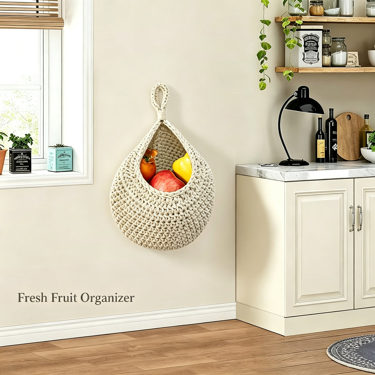 JXG Handwoven Hanging Storage Basket Teardrop Nest Fruit Vegetable Organizer Ins Style Cotton Wall Hanging Net Bag