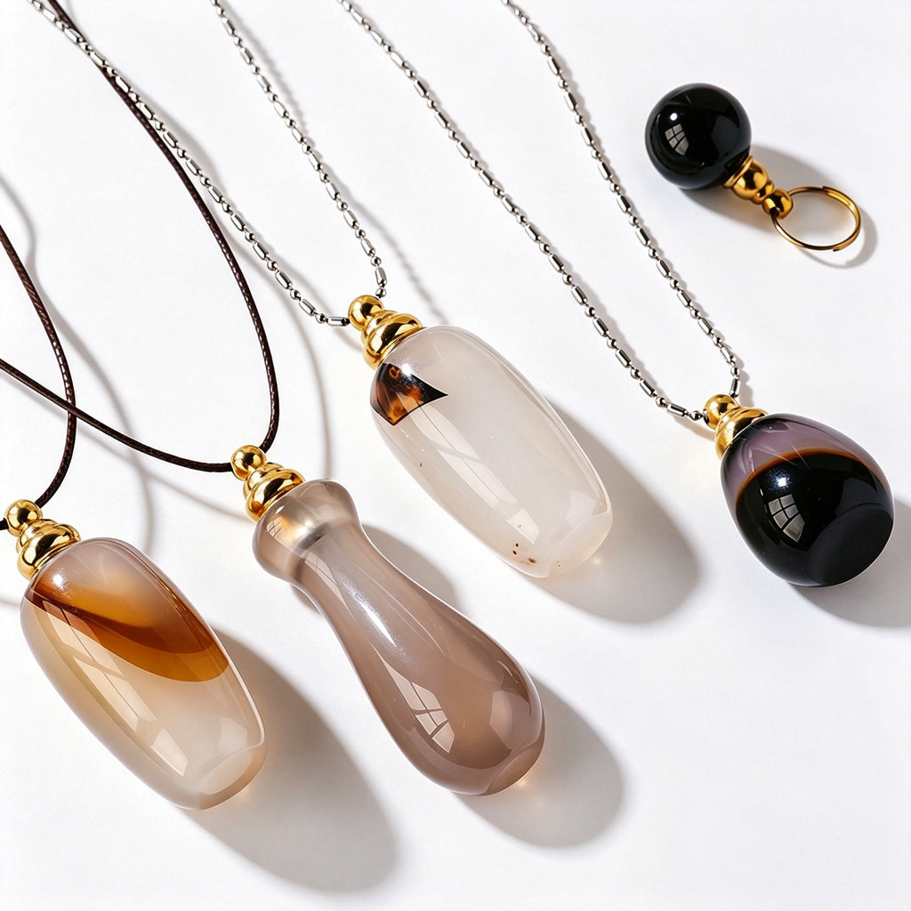 RYS Natural Agate Crystal Essential Oil Bottle, Hand Polished Raw Stone Aroma Perfume Vial Pendant, No Cord