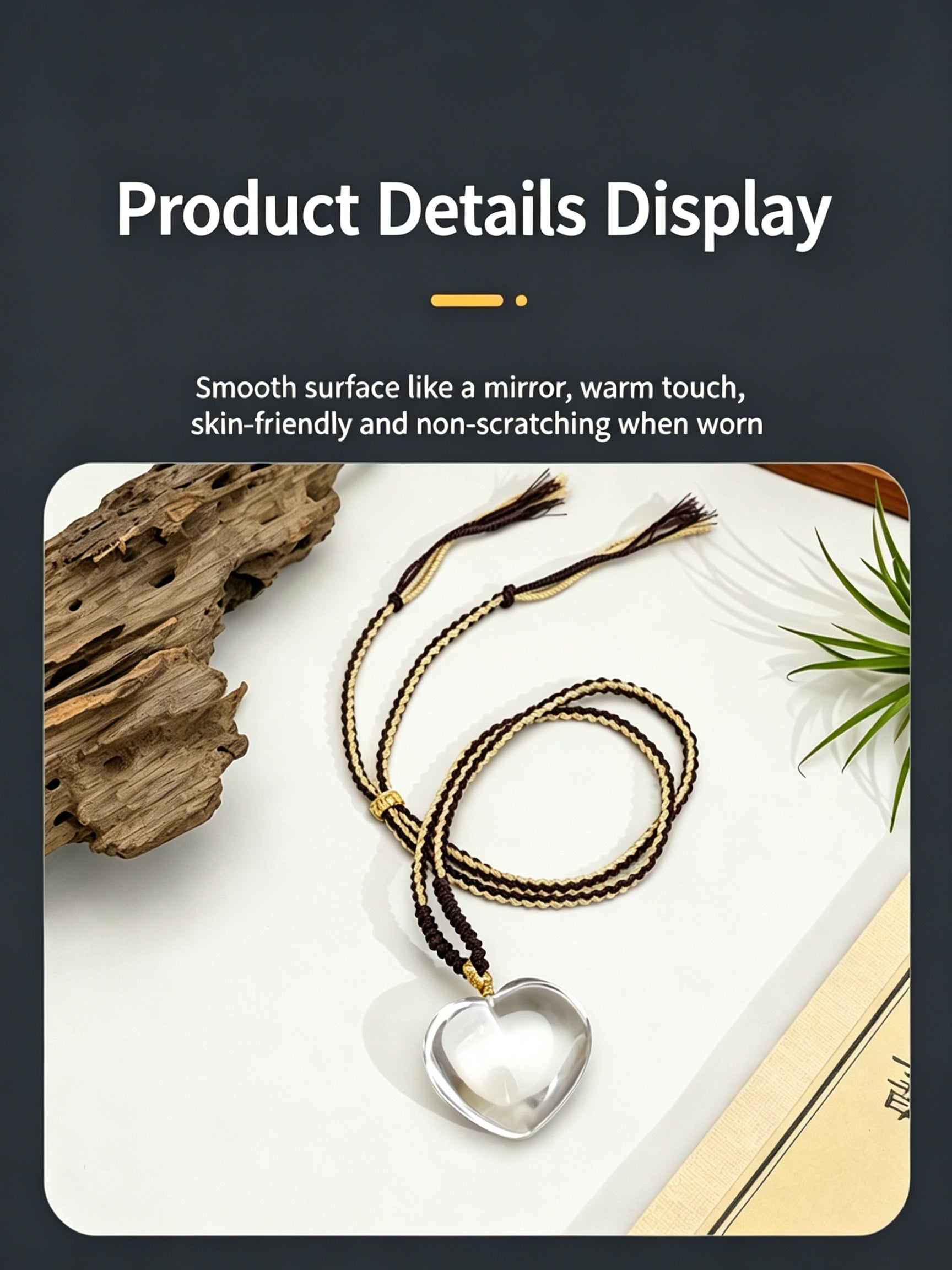 RYS Natural Clear Quartz Heart Pendant Necklace Hand Woven Rope