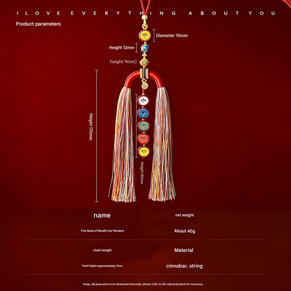 HXJ Handmade Five-Way Wealth God Thangka Car Charm | Vermilion & Hemp Cord Ethnic Pendant