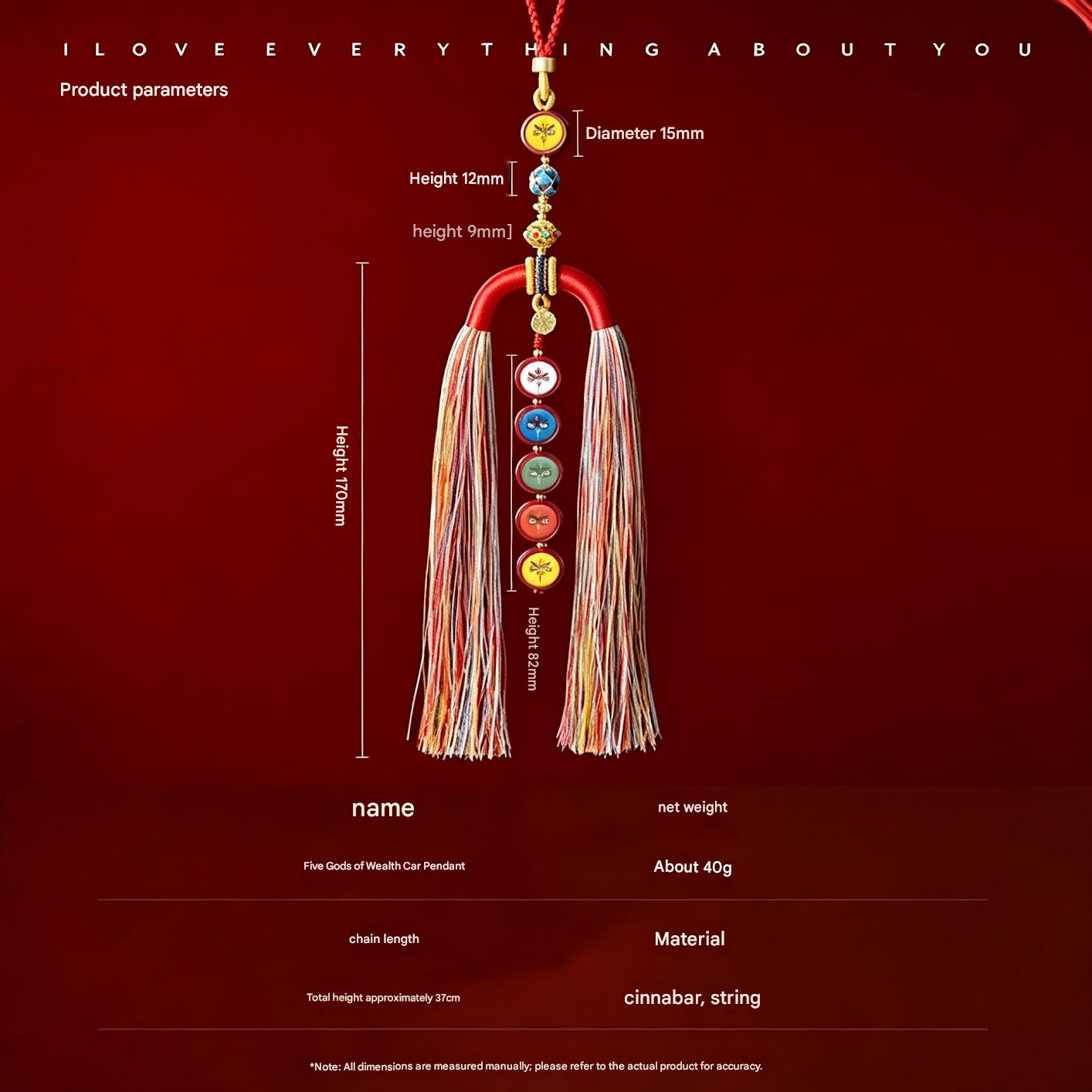 HXJ Handmade Five-Way Wealth God Thangka Car Charm | Vermilion & Hemp Cord Ethnic Pendant