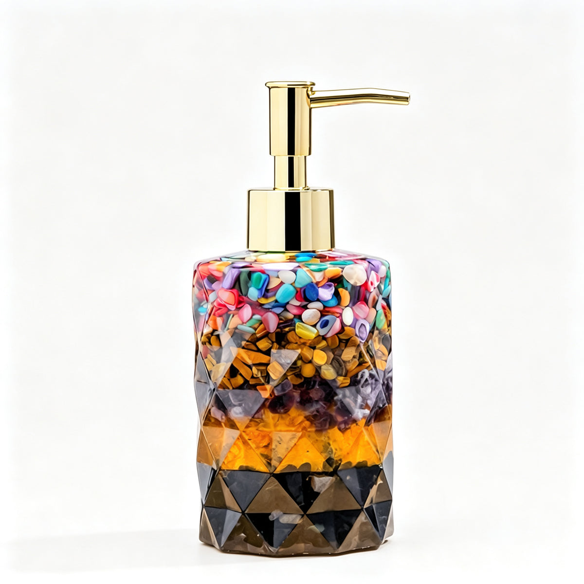 RYS Natural Crystal Chips Resin Soap Dispenser, Press‑Type Refillable Lotion Bottle for Bathroom Vanity Decor
