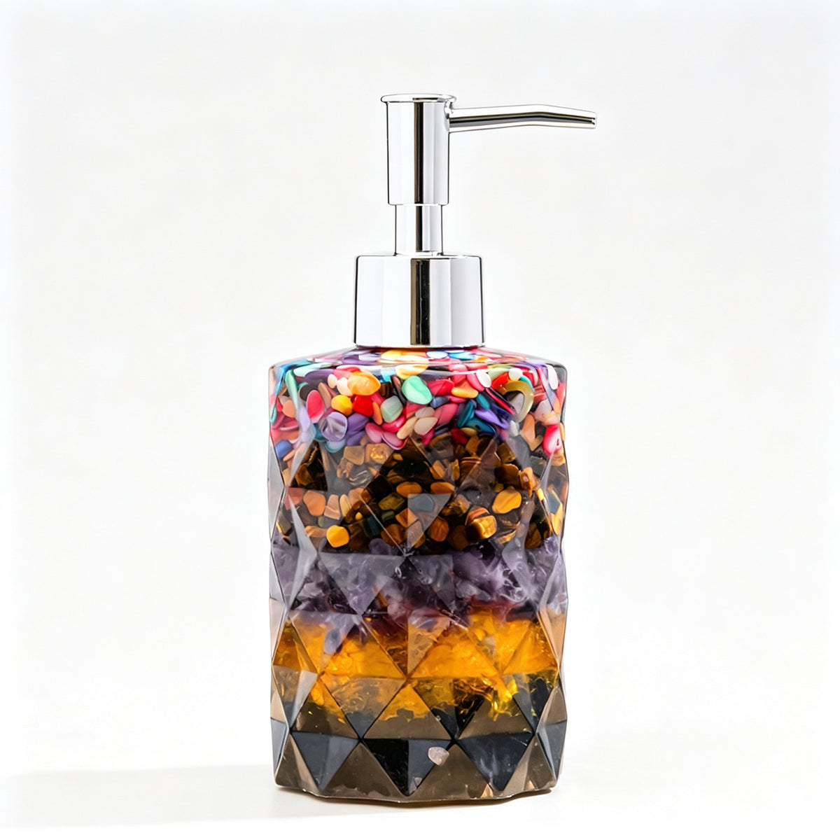 RYS Natural Crystal Chips Resin Soap Dispenser, Press‑Type Refillable Lotion Bottle for Bathroom Vanity Decor