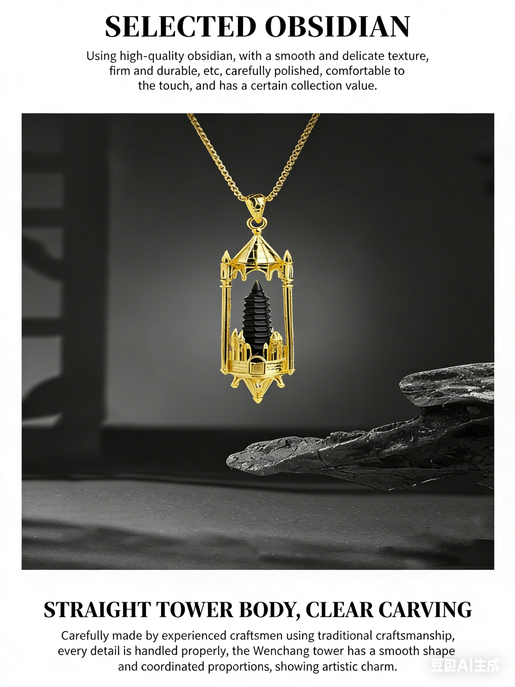 RYS Fantasy Castle Natural Crystal Point Pendant | Multi-Metal (Titanium/Silver/Gold) Options, Includes Chain