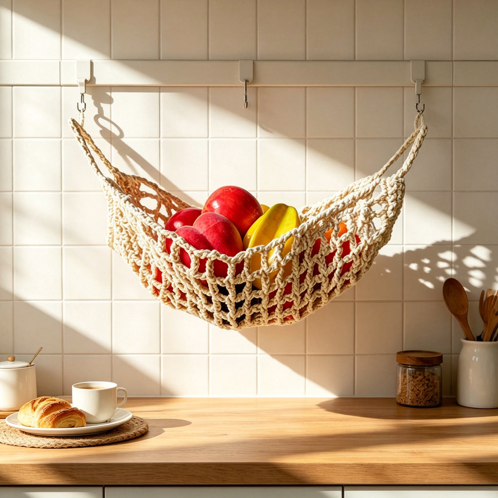 JXG Handwoven Cotton Storage Net Bag Wall Hanging Fruit Vegetable Organizer Ins Style Home Decor