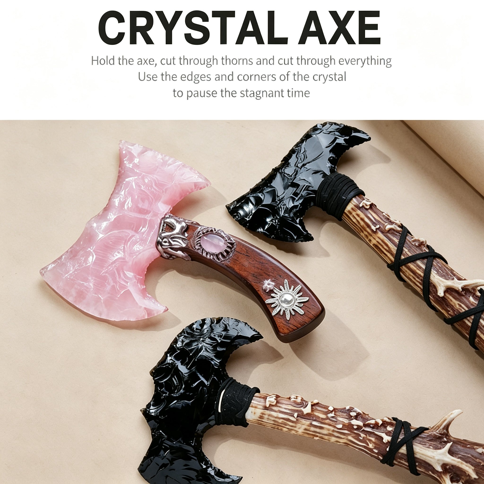 RYS Natural Obsidian & Gemstone Crystal Axe, Hand Carved Stone Blade with Wooden Handle, Spiritual Decorative Tool