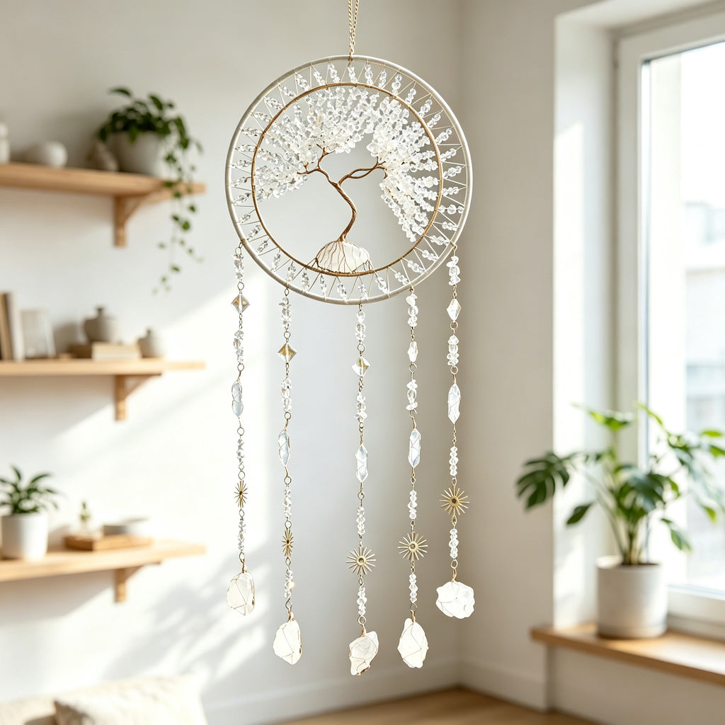 MGY Tree of Life Dreamcatcher Wind Chime, Natural Crystal Stone Boho Wall Hanging Decor