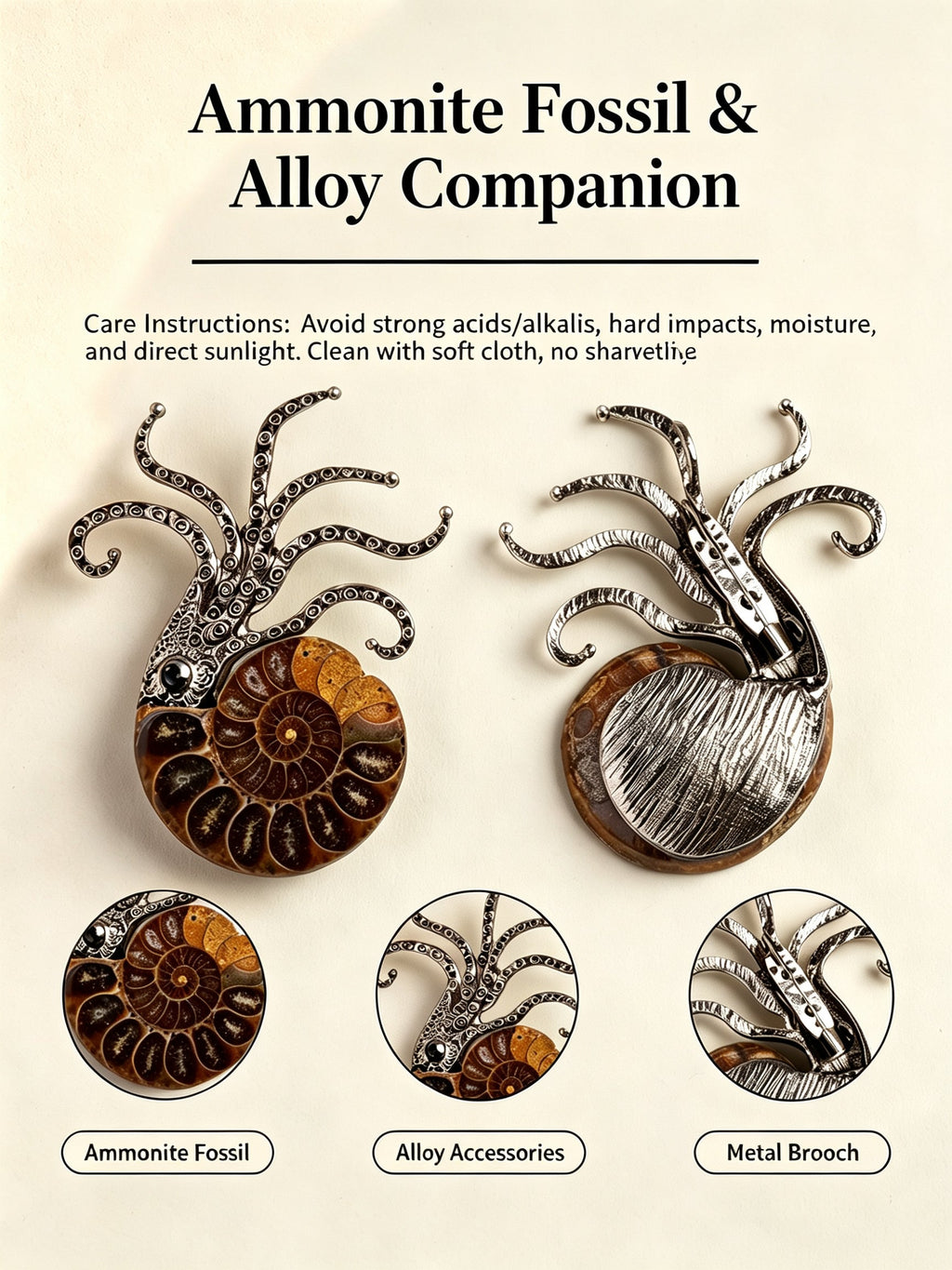 RYS Natural Ammonite Fossil Jewelry Brooch Necklace Earrings Set
