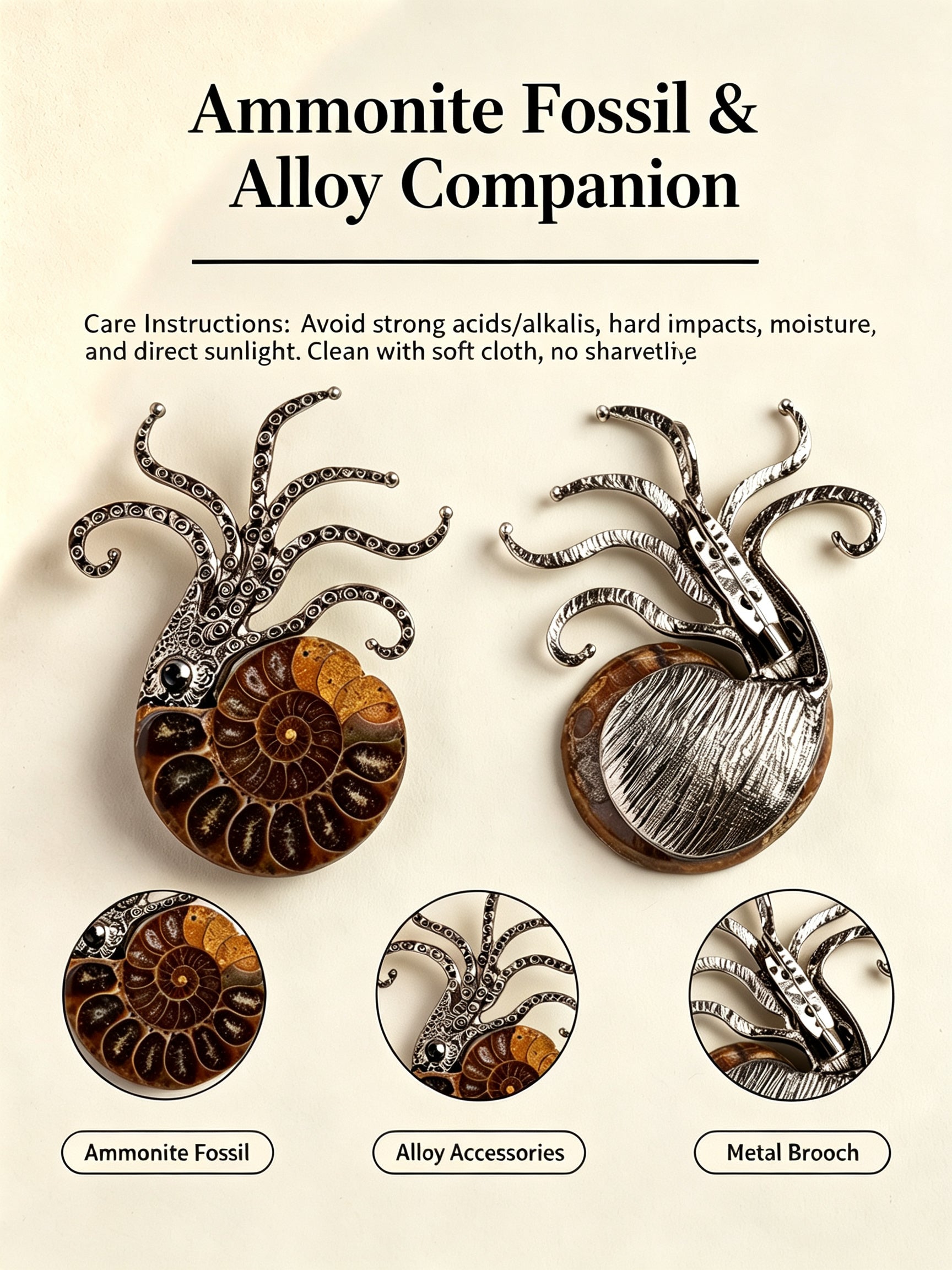 RYS Natural Ammonite Fossil Jewelry Brooch Necklace Earrings Set
