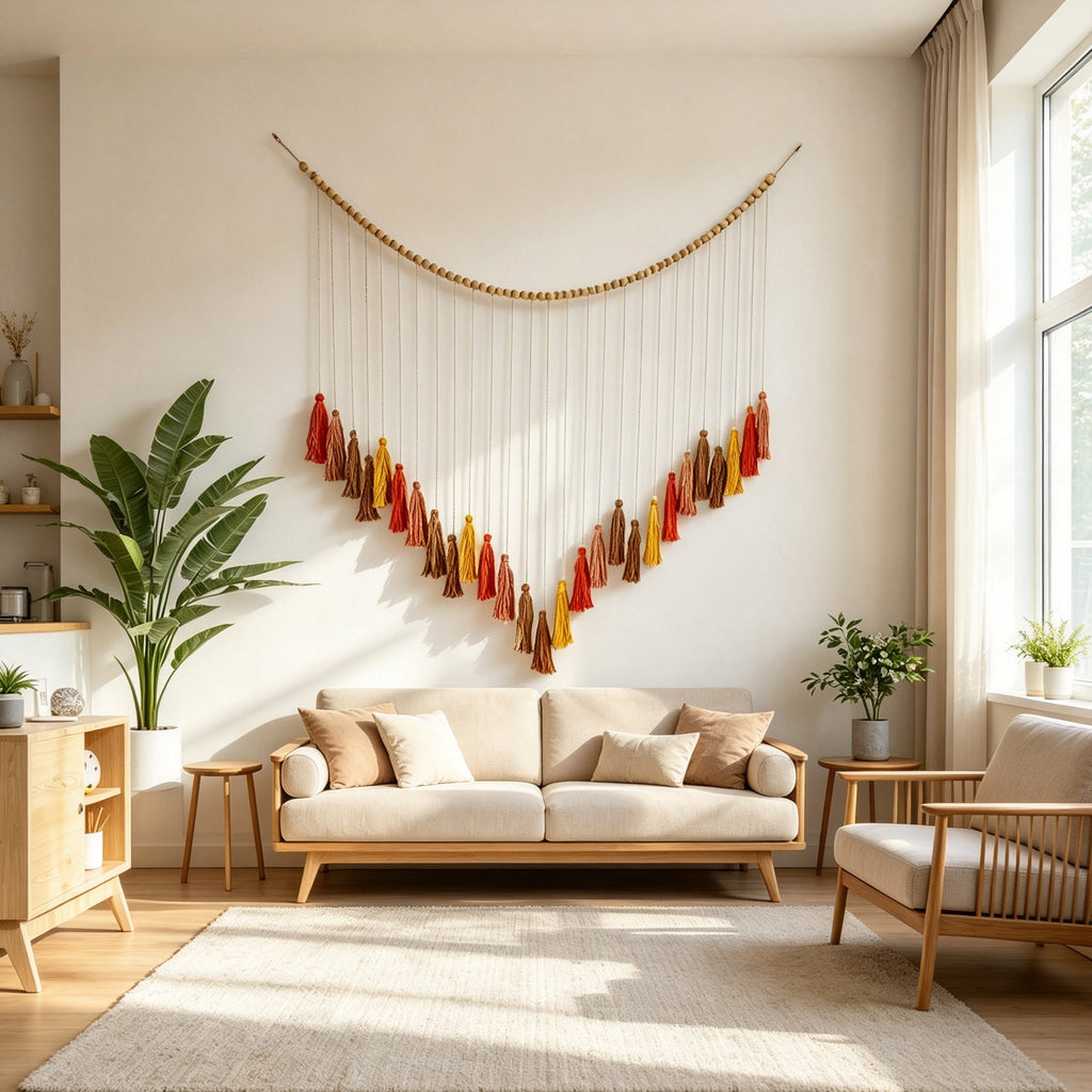 JXG Wood Bead Tassel Wall Tapestry Cotton Rope Woven Boho Wall Hanging Decor for Living Room Balcony