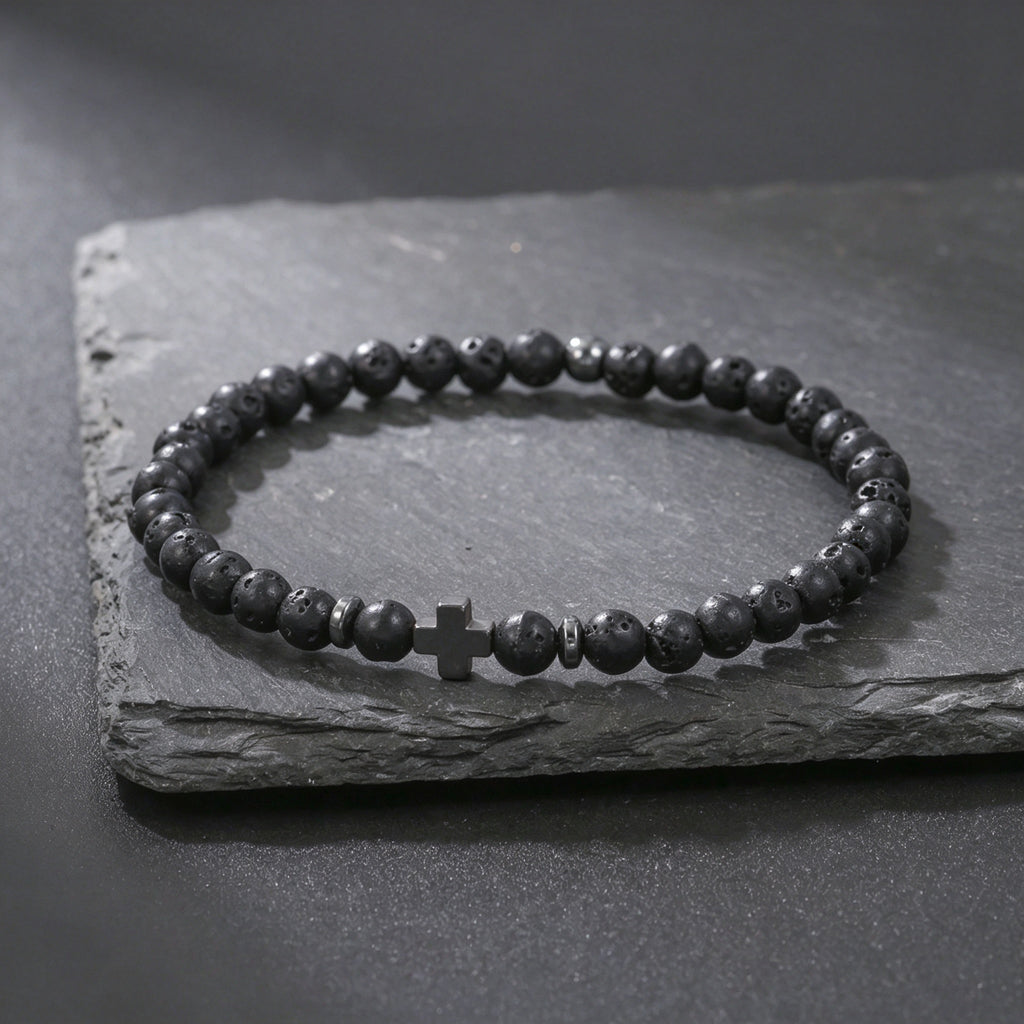 PNY Men Cross Beaded Bracelet Natural Volcanic Stone Black Obsidian Elastic Bracelet Unisex Religious Jewelry Gift