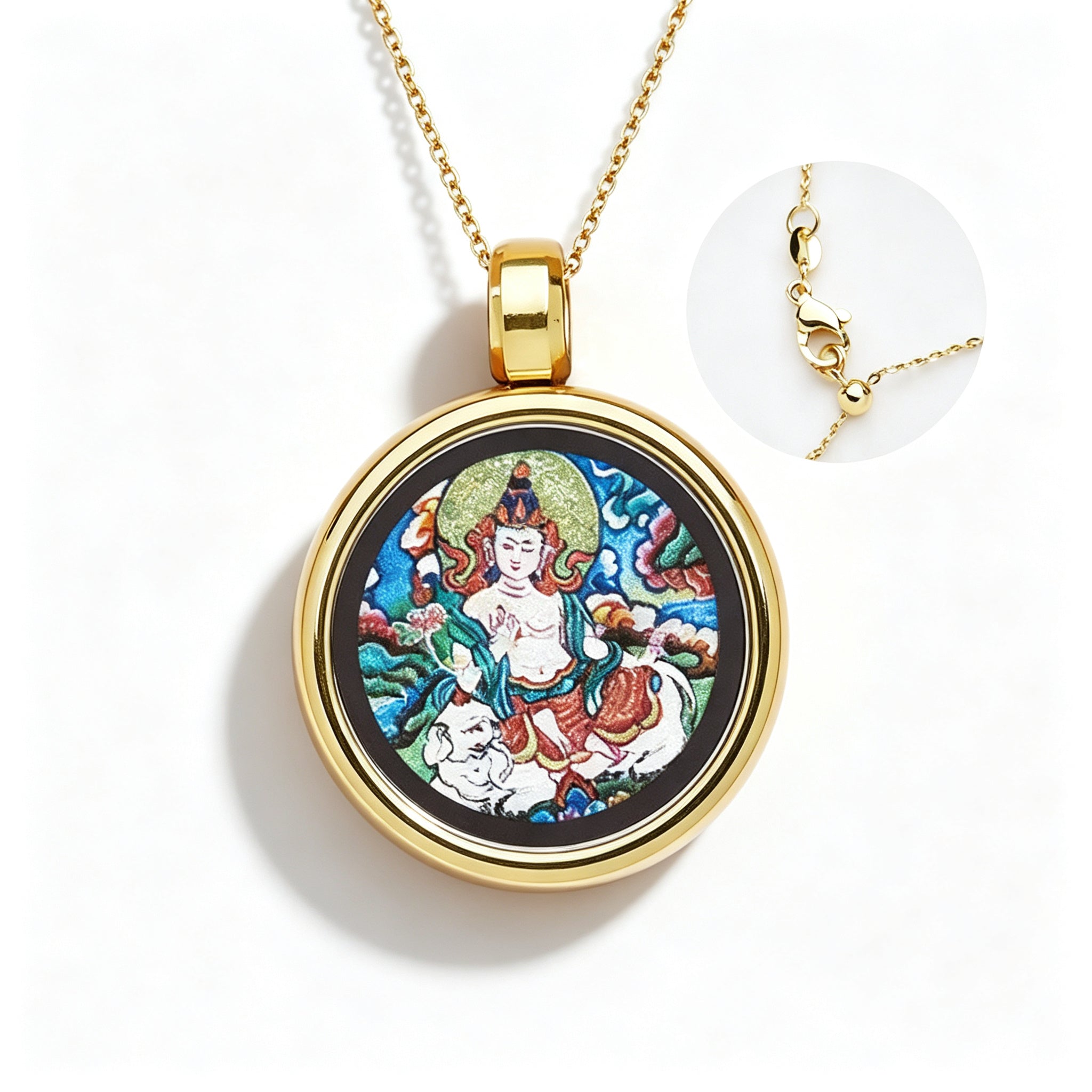 RYS Hand-Painted Thangka Buddha Pendant Necklace | 18K Gold Plated Alloy | Tibetan Patron Saint Amulet for Zodiac Signs | Spiritual Protection Jewelry