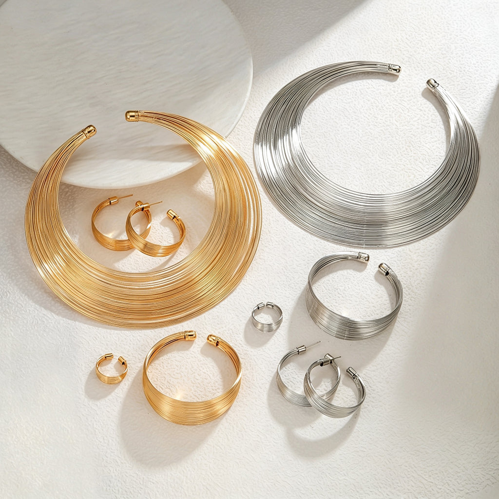 PNY Multi Layer Geometric Metal Jewelry Set Open Torque Choker Necklace Bracelet Hoop Earrings Statement Party Jewelry
