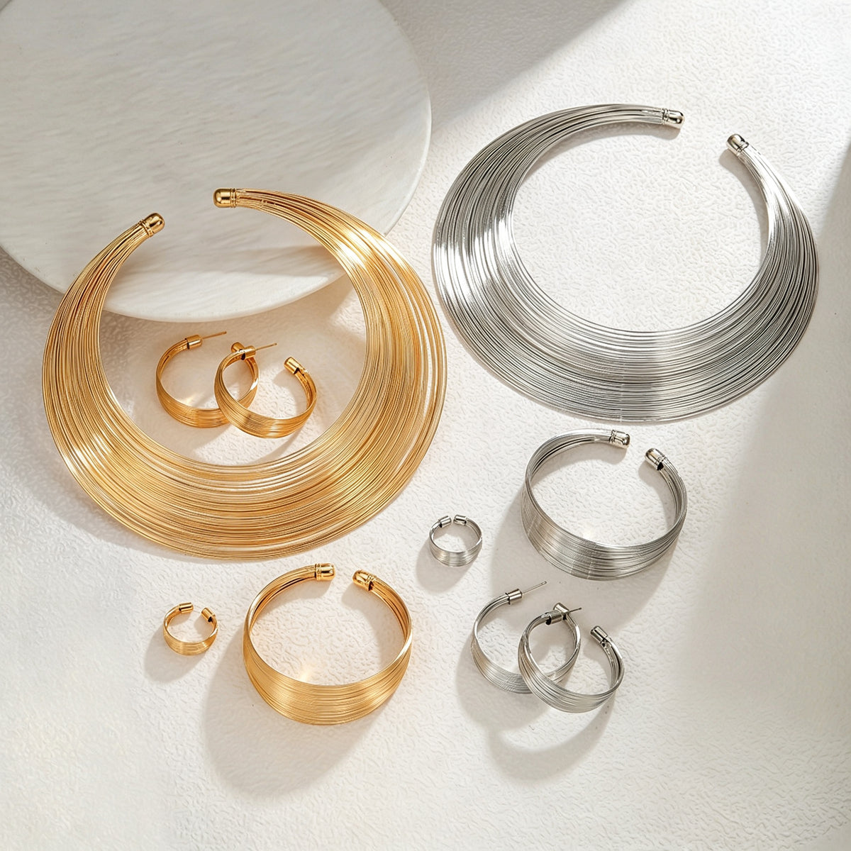 PNY Multi Layer Geometric Metal Jewelry Set Open Torque Choker Necklace Bracelet Hoop Earrings Statement Party Jewelry