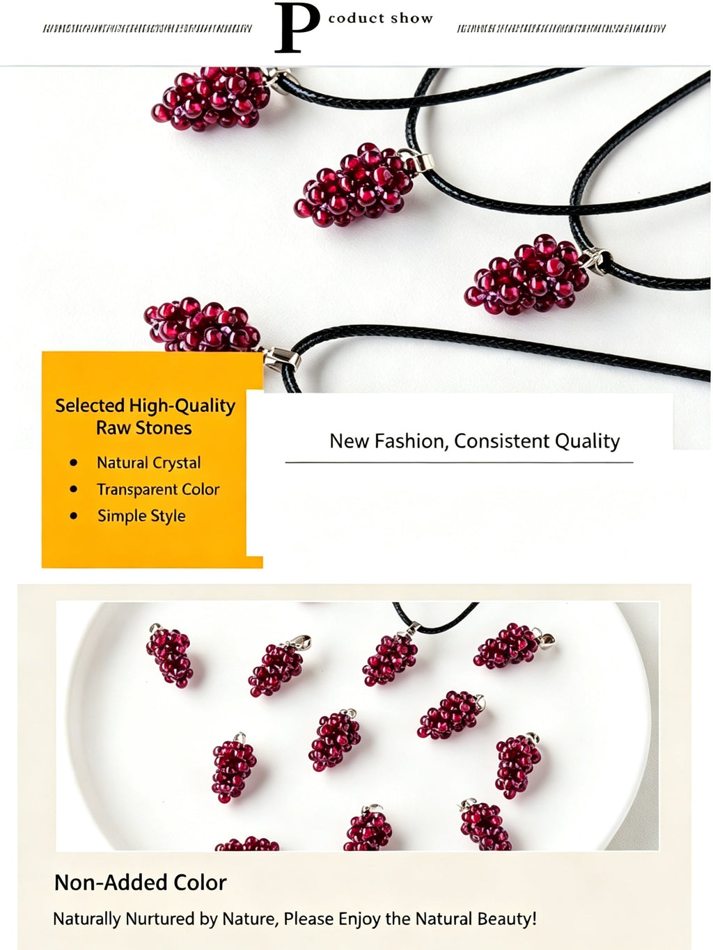 RYS Handmade Garnet Grape Pendant Necklace | Natural Red Garnet Beaded Charm with Black Leather Cord