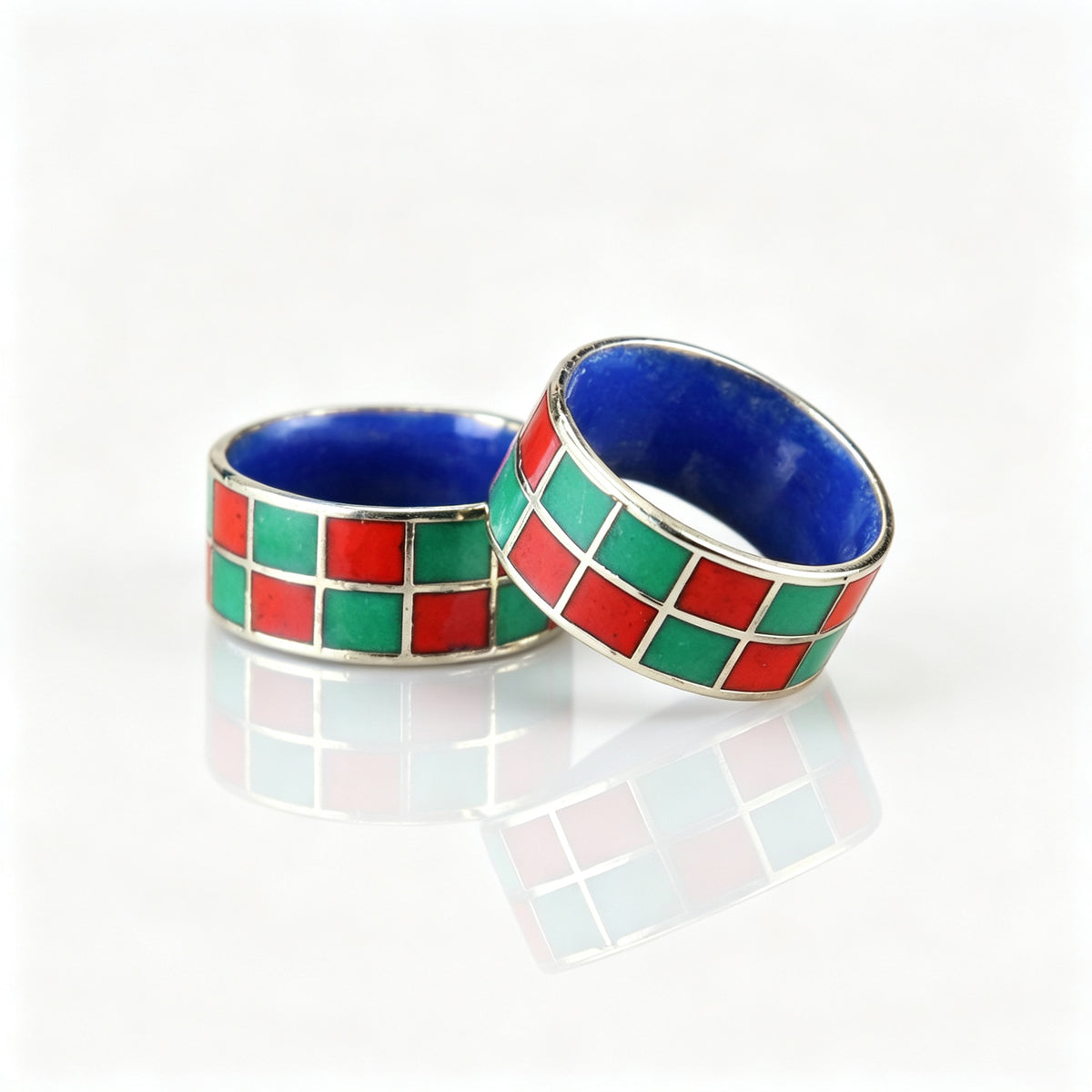 JCJ Vintage Cloisonné Enamel Checkered Ring 1980s era Chinese Collectible Jewelry