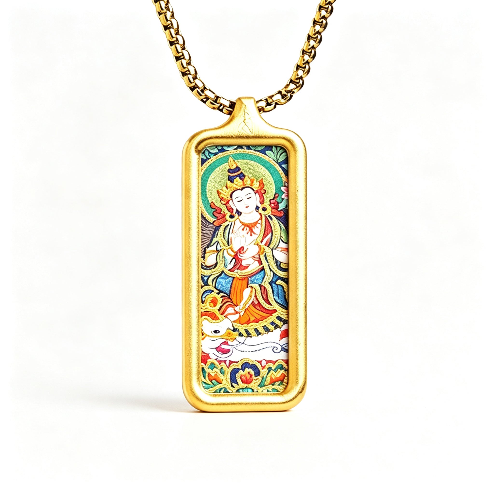 RYS Hand-Painted Thangka Buddha Pendant Necklace | 18K Gold Plated Alloy | Tibetan Patron Saint Amulet for Zodiac Signs | Spiritual Protection Jewelry