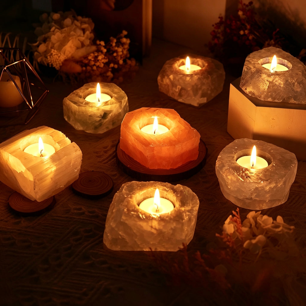 RYS Natural Raw Crystal Tealight Candle Holder, Amethyst Rose Quartz Citrine Fluorite Stone Incense Holder Base, Runyangshi Minimalist Crystal Decor Gift