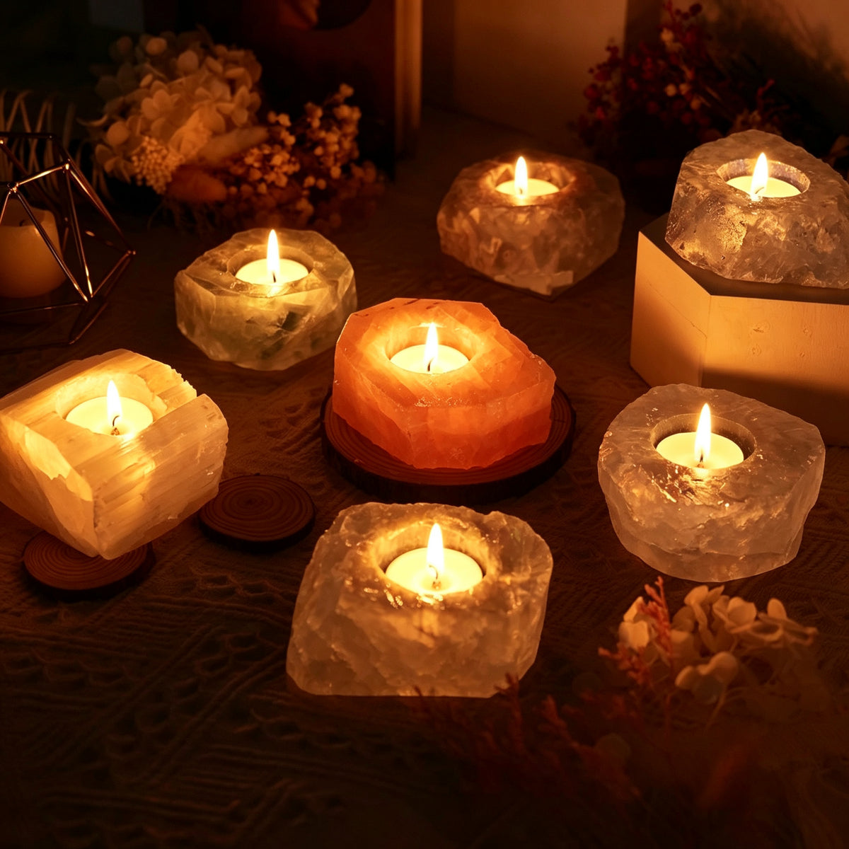 RYS Natural Raw Crystal Tealight Candle Holder, Amethyst Rose Quartz Citrine Fluorite Stone Incense Holder Base, Runyangshi Minimalist Crystal Decor Gift