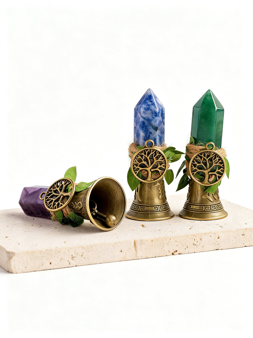 RYS Crystal Point Hand Bell with Tree of Life Charm - Natural Gemstone Decorative Ornament for Home & Spiritual Gifts