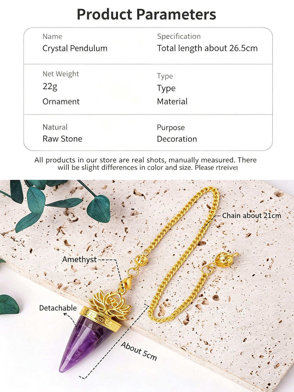 RYS Natural Crystal Golden Cone Pendulum Pendant with Chain