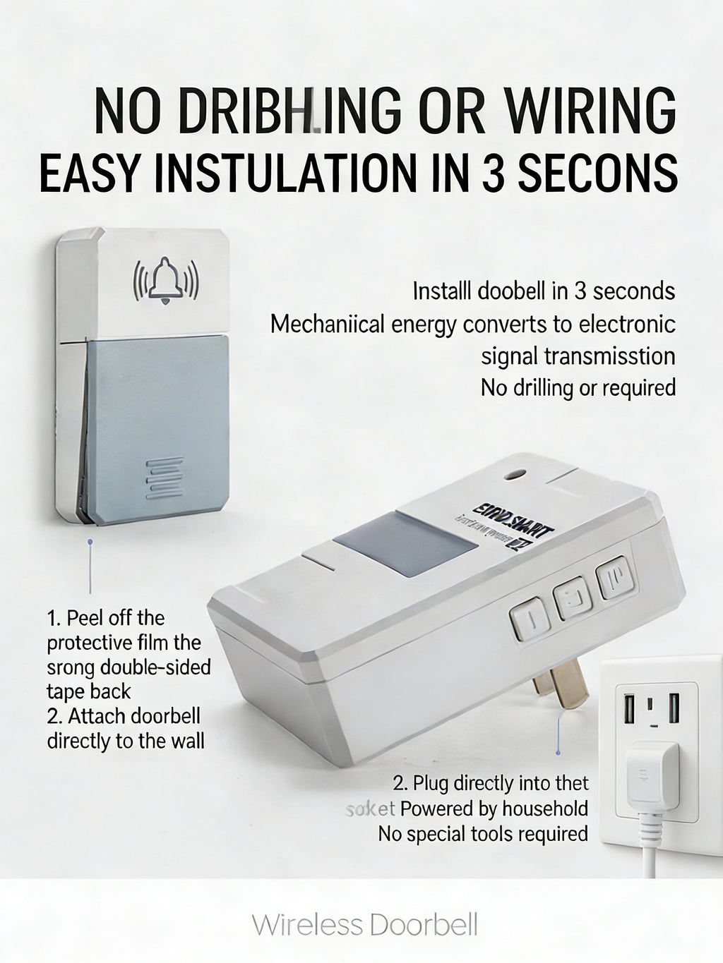 EST Self-Powered Wireless Doorbell with Night Light, Waterproof No Battery Door Bell Chime Kit, Long Range Strong Signal for Home & Office