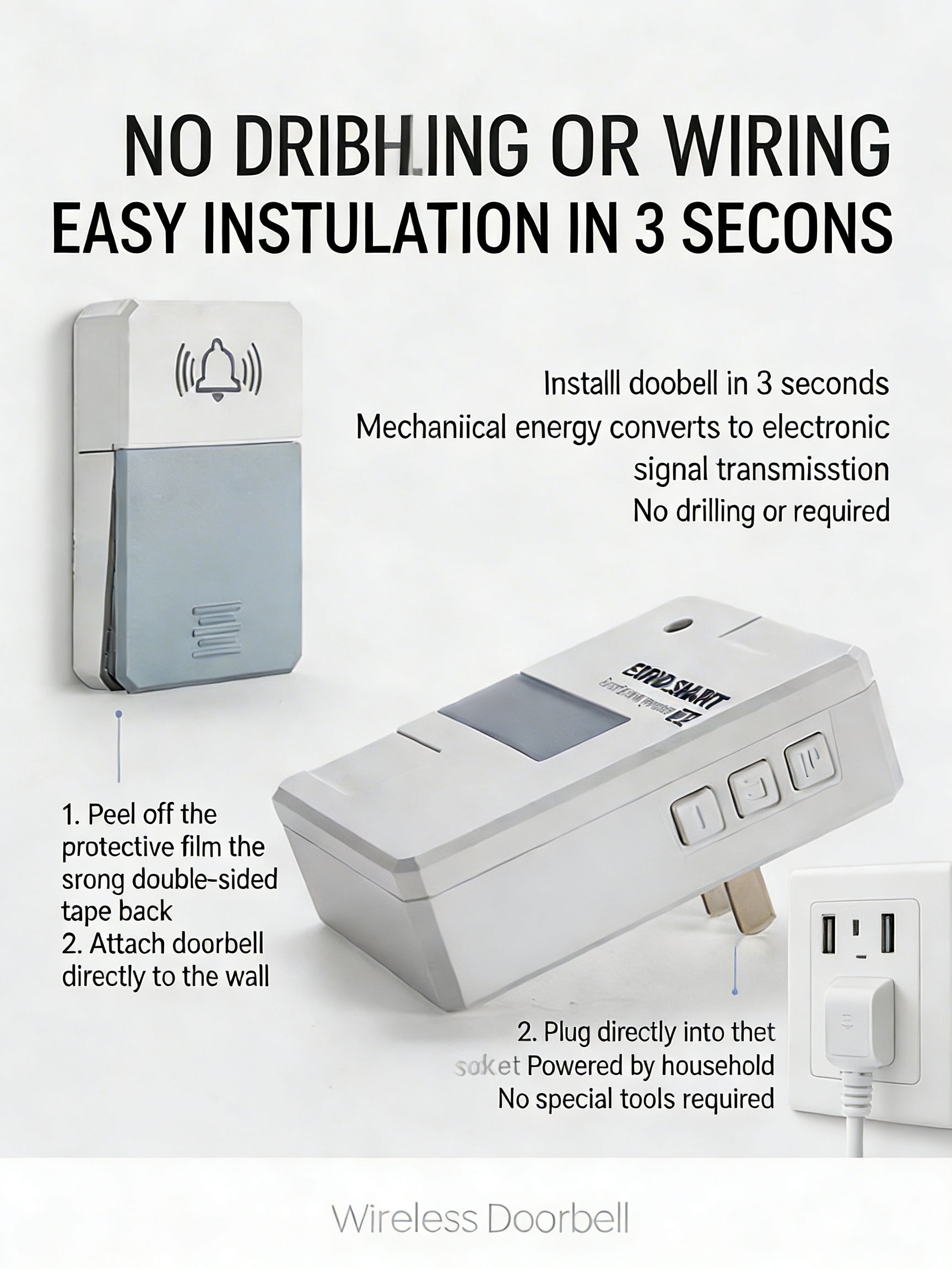 EST Self-Powered Wireless Doorbell with Night Light, Waterproof No Battery Door Bell Chime Kit, Long Range Strong Signal for Home & Office