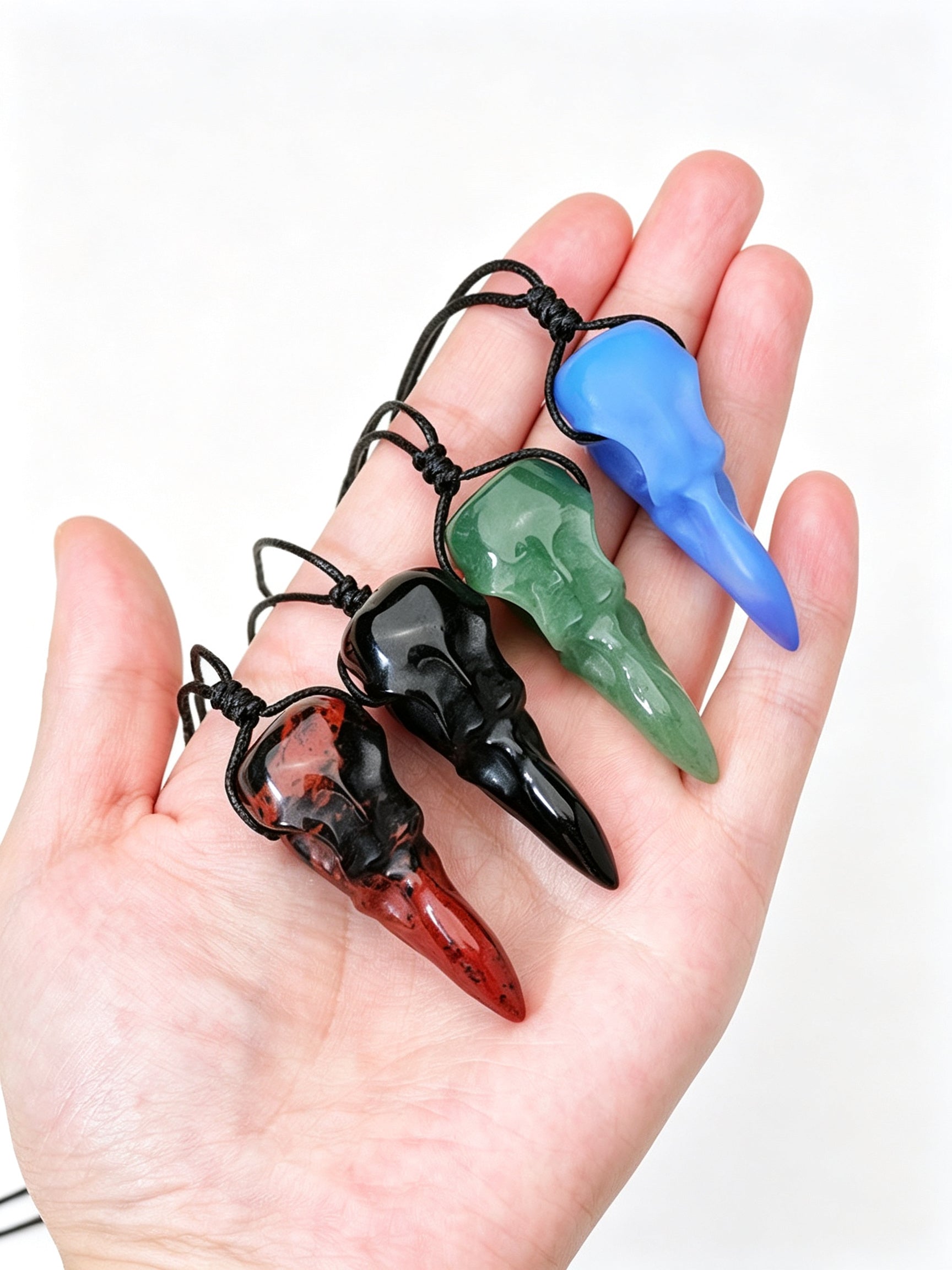 RYS Natural Crystal Crow Skull Pendant Necklace | Gothic Couple Jewelry with Handmade Black Cord