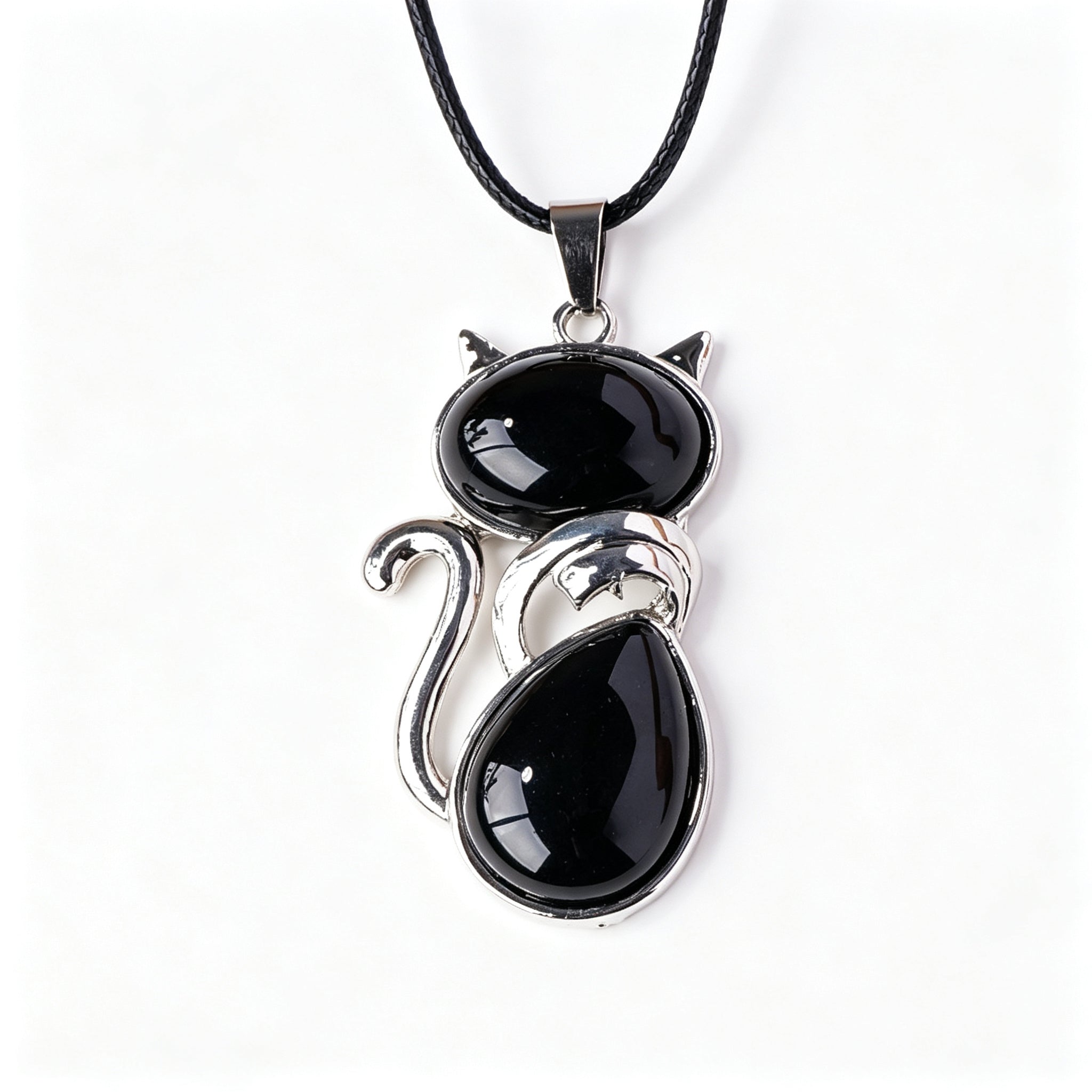 RYS Natural Crystal Gemstone Cat Pendant with Leather Cord