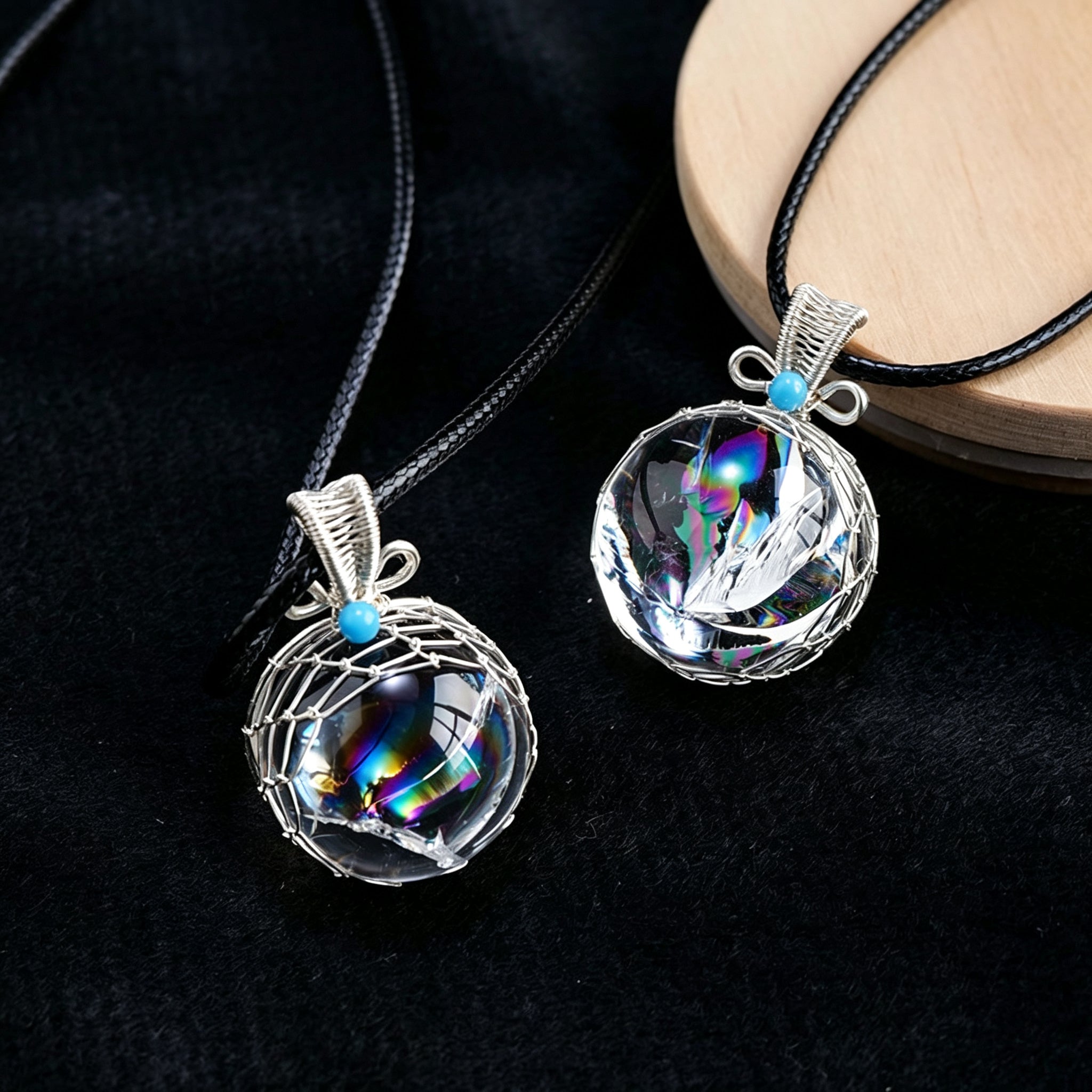 RYS Natural Azeztulite Rainbow Crystal Ball Pendant Necklace with Leather Cord