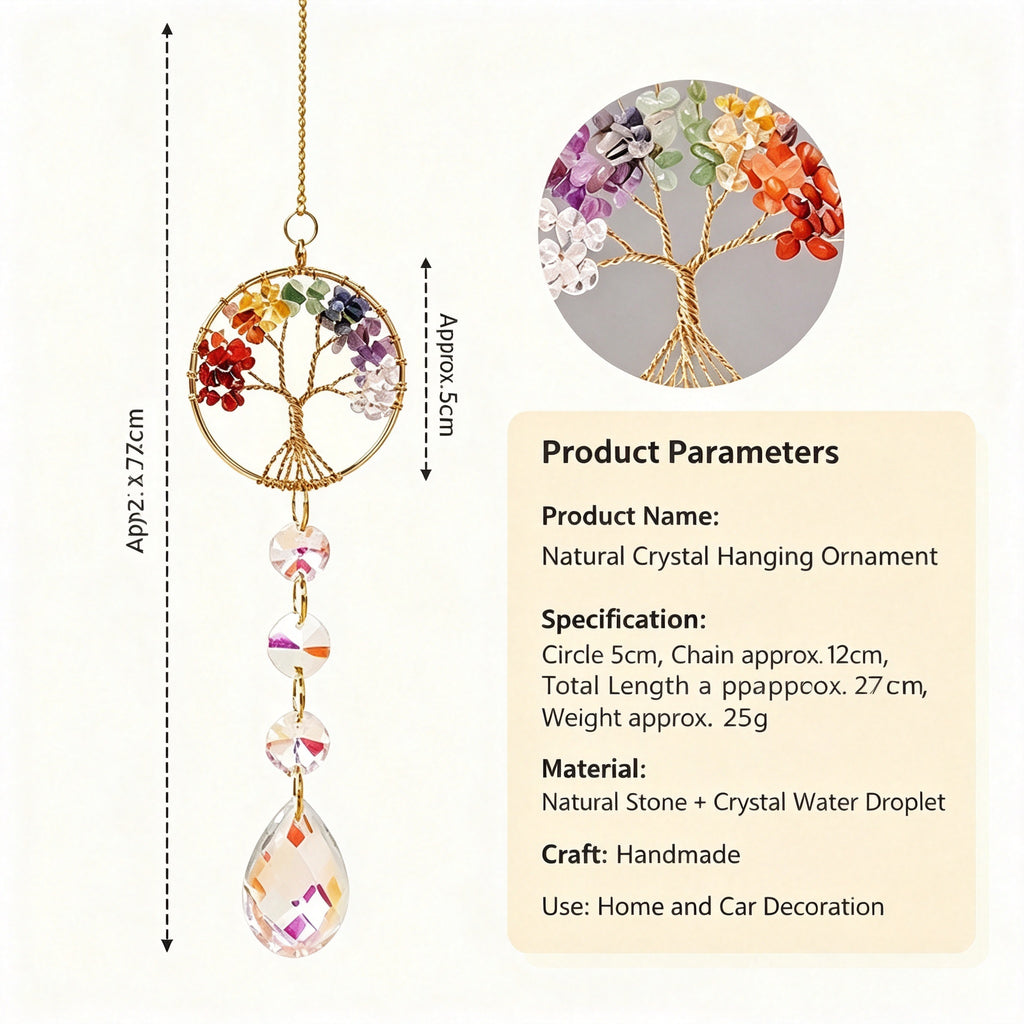 RYS Natural Crystal Tree of Life Suncatcher, Rainbow‑Drop Crystal Hanging Ornament for Window, Car & Home Decor