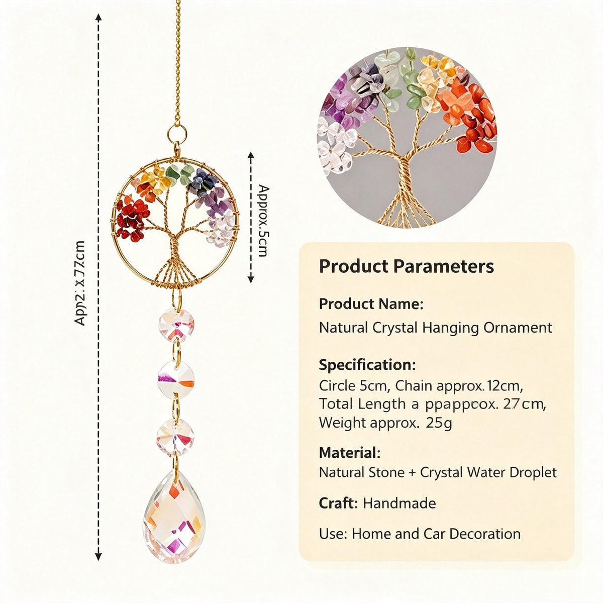 RYS Natural Crystal Tree of Life Suncatcher, Rainbow‑Drop Crystal Hanging Ornament for Window, Car & Home Decor