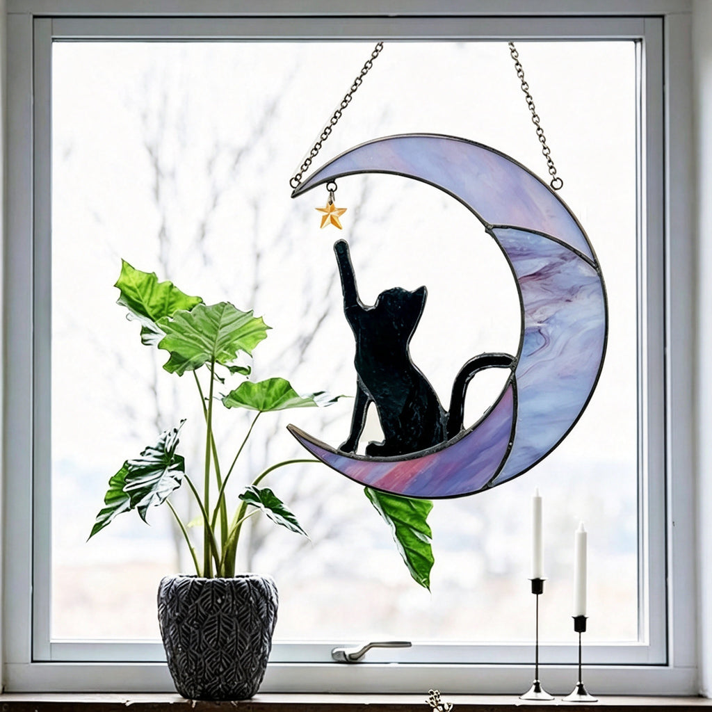YAP Cat Moon Stained‑Glass Suncatcher Hanging Ornament, Window Wall Home Decor Gift
