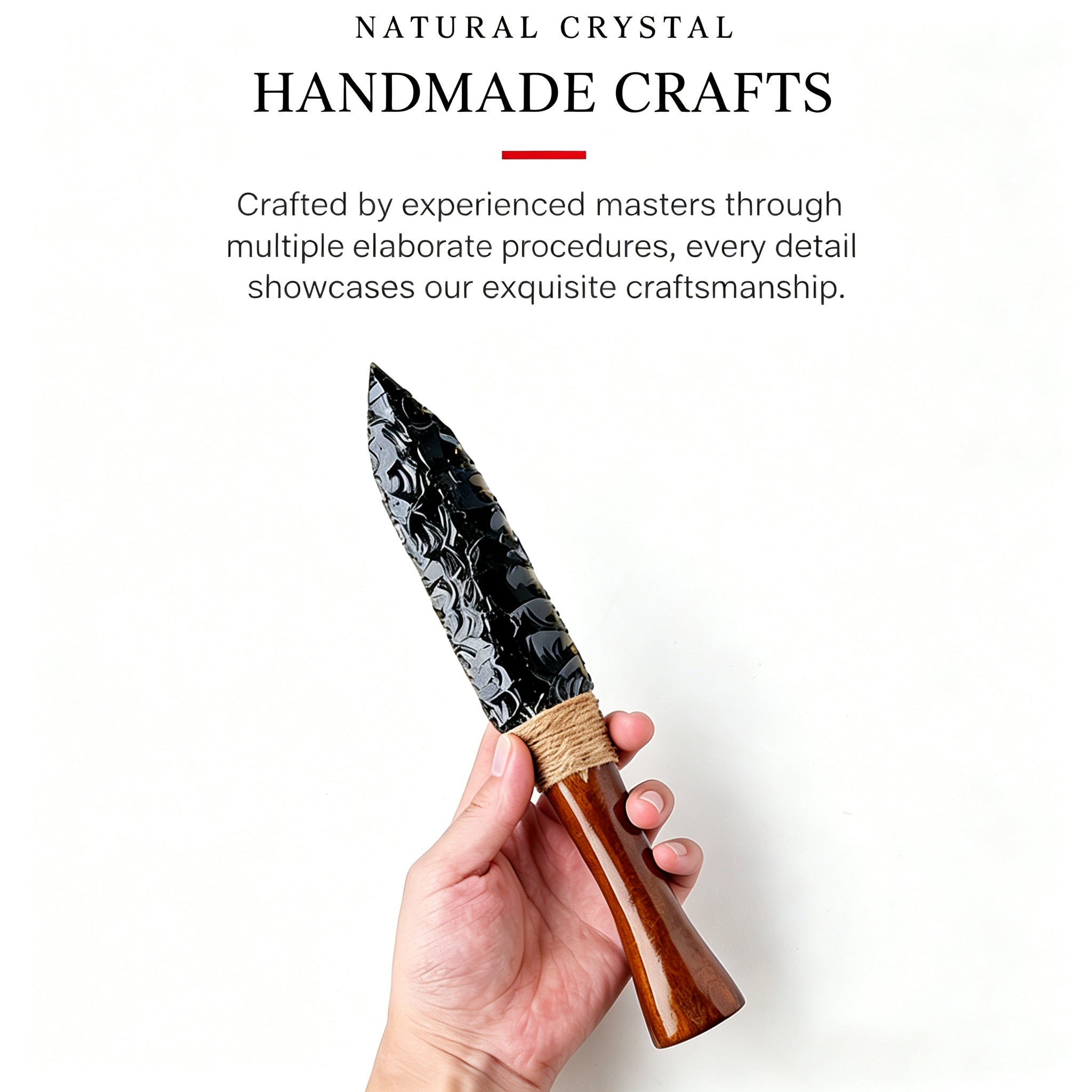 RYS Natural Obsidian Crystal Arrowhead, Hand Knapped Stone Tip with Wooden/Alloy Handle, Decorative & Ritual Use