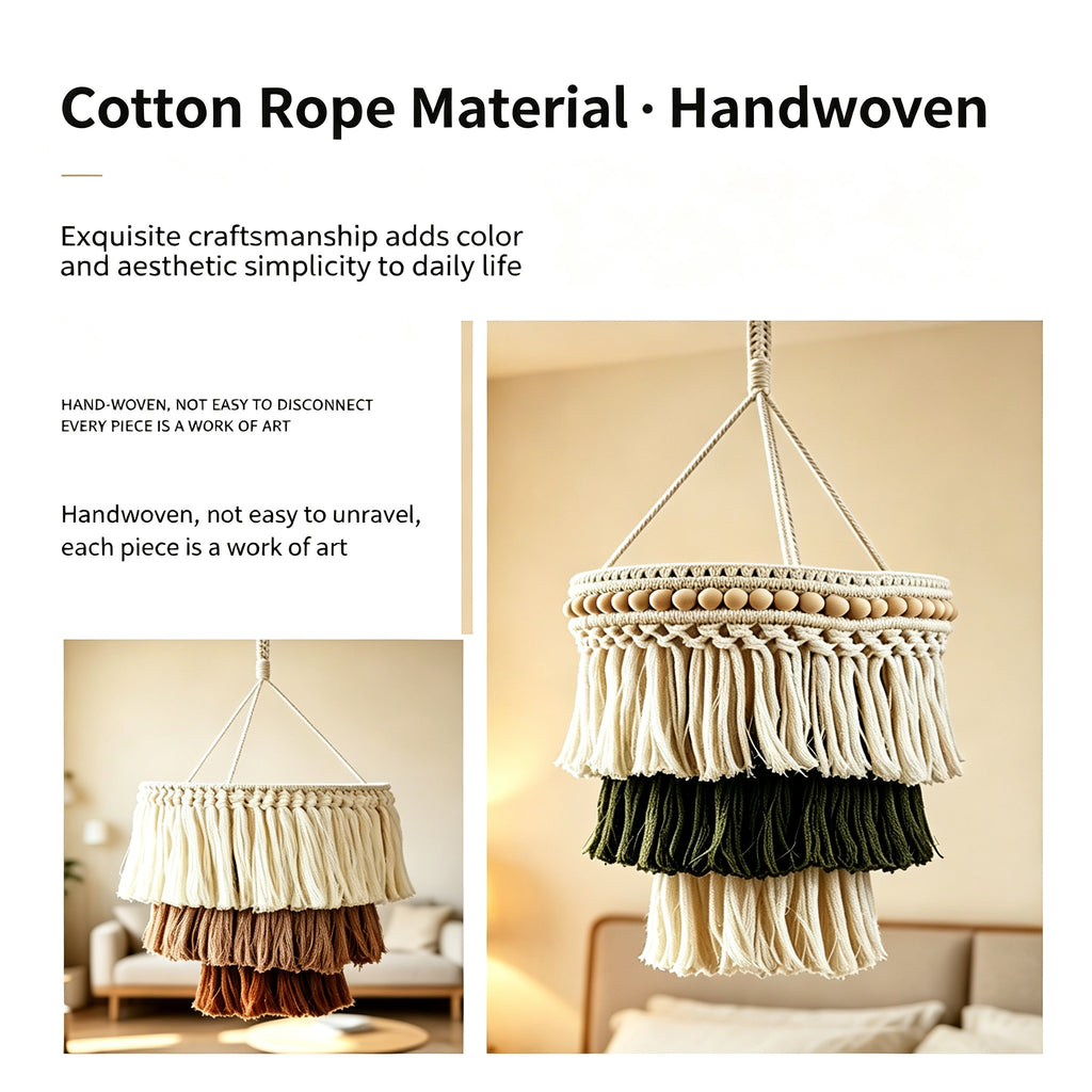 JSE Boho Hand Woven Cotton Linen Pendant Lampshade Tassel Ceiling Lamp Cover for Home Decor